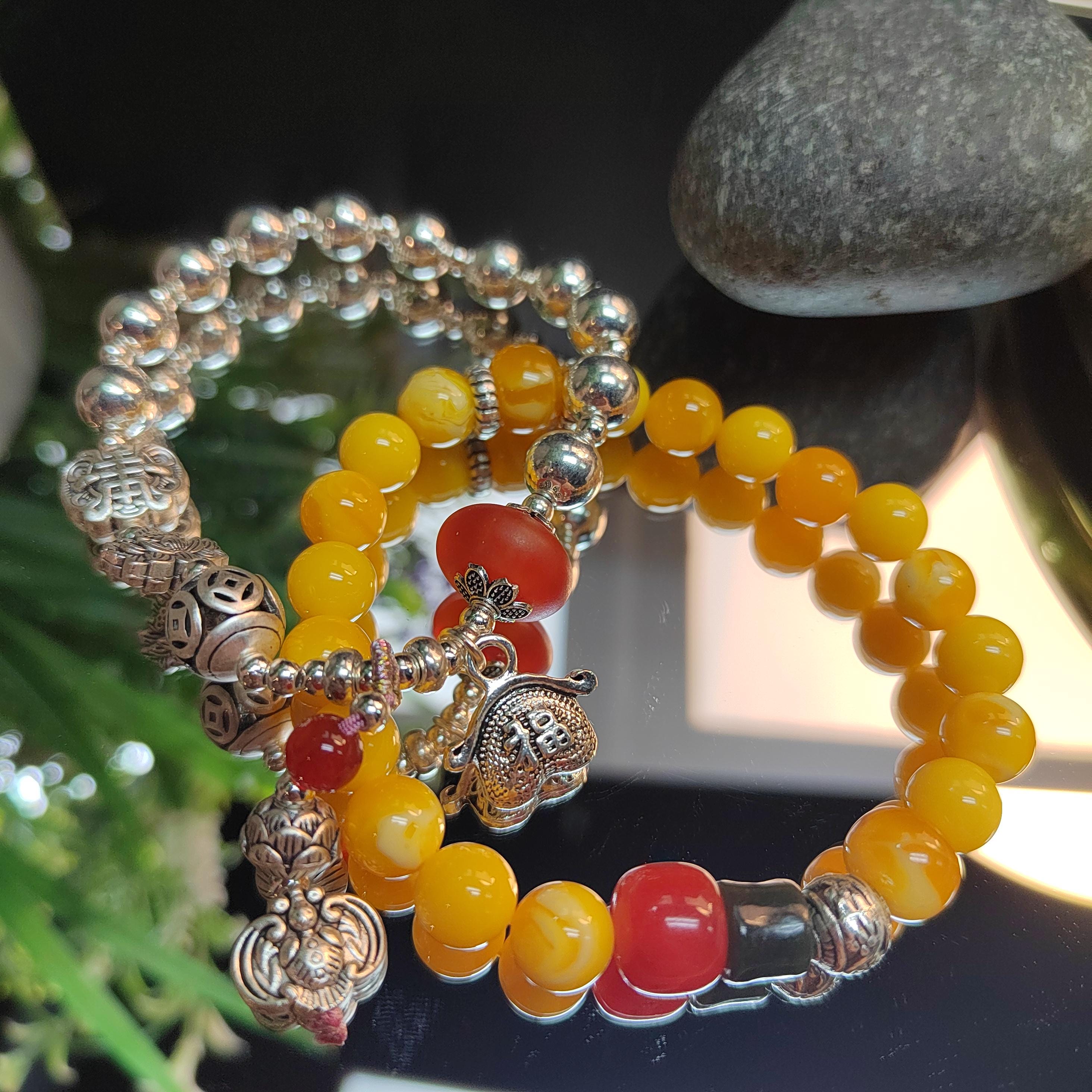 Handmade Russia Baltic Beeswax Amber Bead Bracelet with Nanhong Agate S999 Silver Bead Bracelet 2pcs Set SL344
