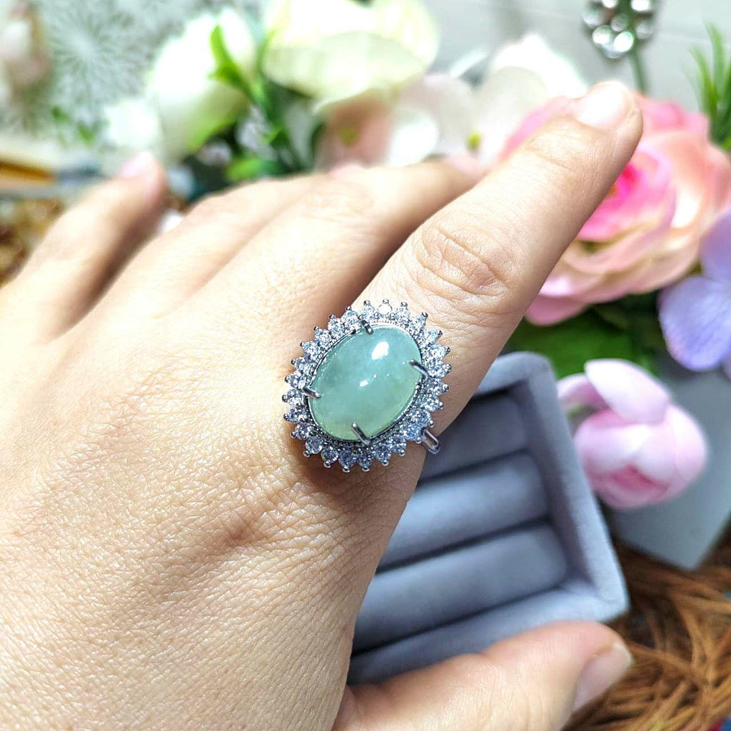 Burmese Gemstone Creamy Green Jadeite Ring | Zircon Accent | S925 Plated with 18K White Gold SL086