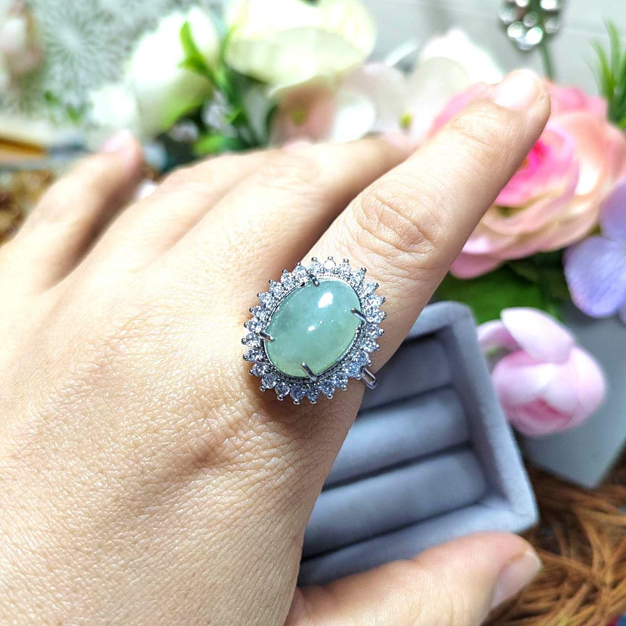 Burmese Gemstone Creamy Green Jadeite Ring | Zircon Accent | S925 Plated with 18K White Gold SL086