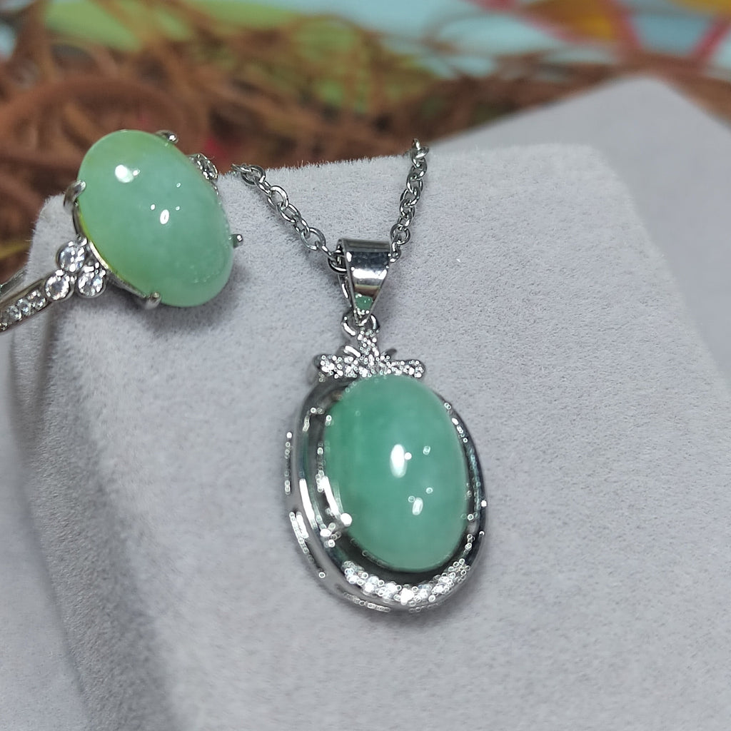 Burmese Natural Gemstone Untreated Light Apple Green Pendant and Ring 2pcs Set Jewellery For Her Minimalist Design SL070