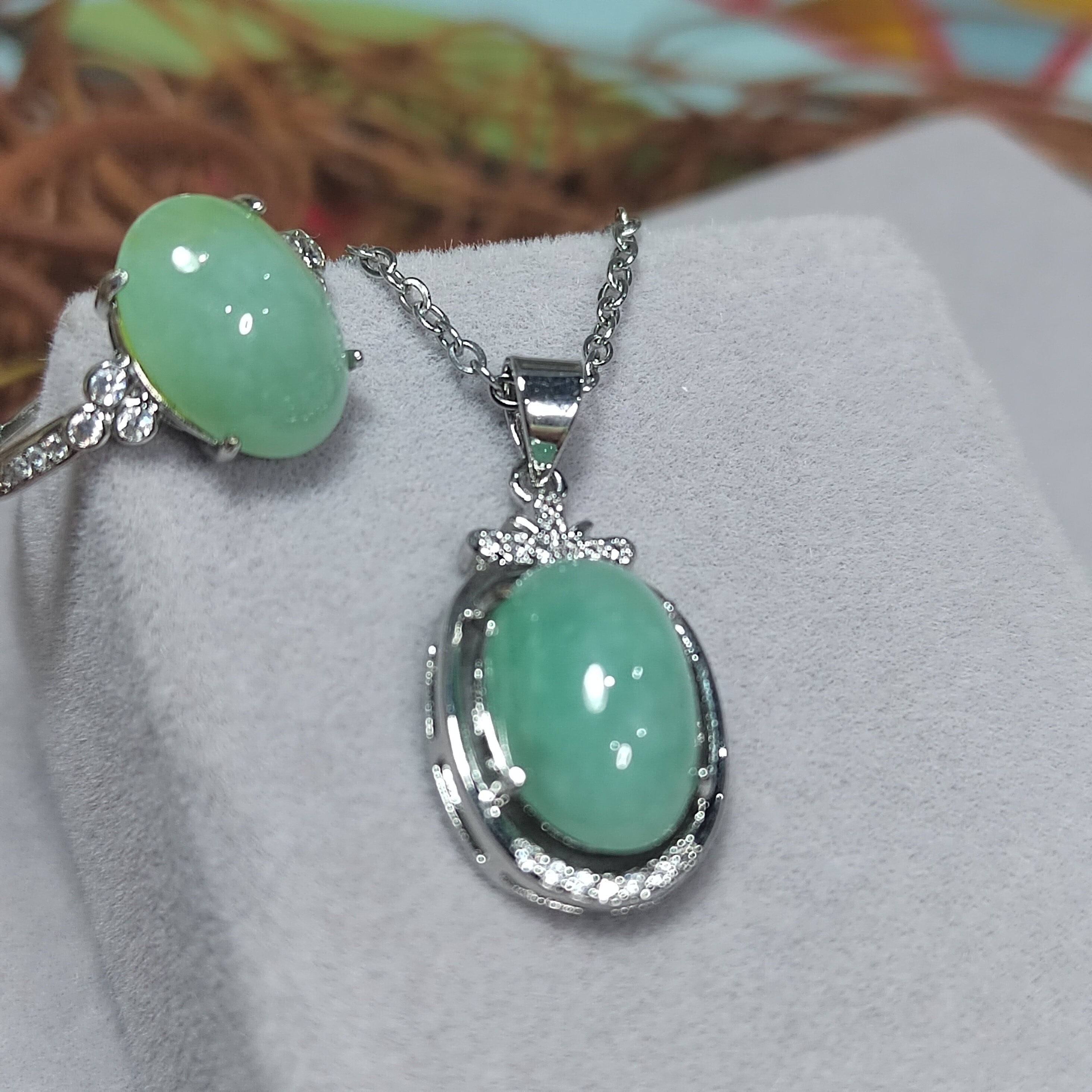 Burmese Natural Gemstone Untreated Light Apple Green Pendant and Ring 2pcs Set Jewellery For Her Minimalist Design SL070