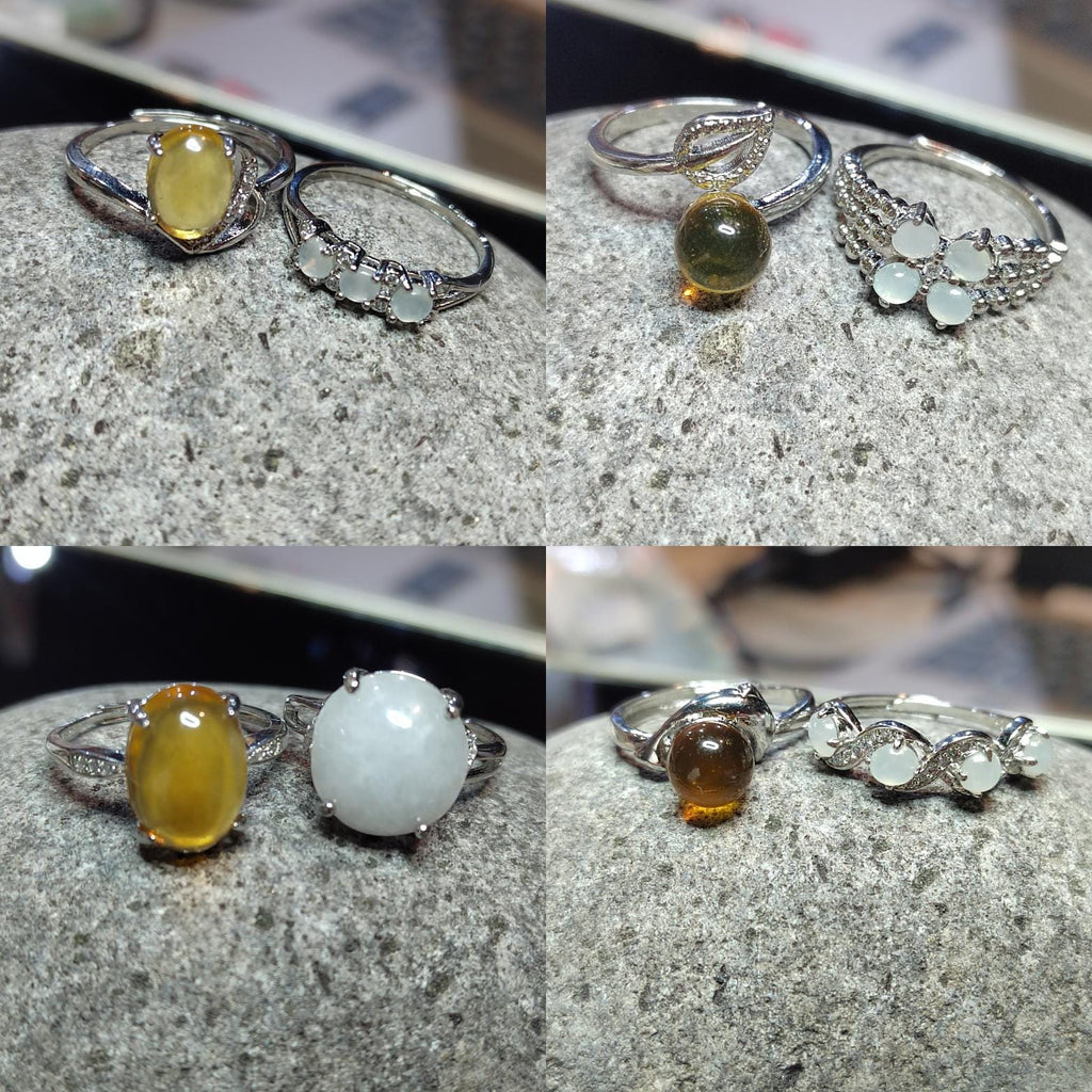 Burmese Blue Amber & Jadeite Ring Set: 18K Gold-Plated S925 Silver, Adjustable SL417
