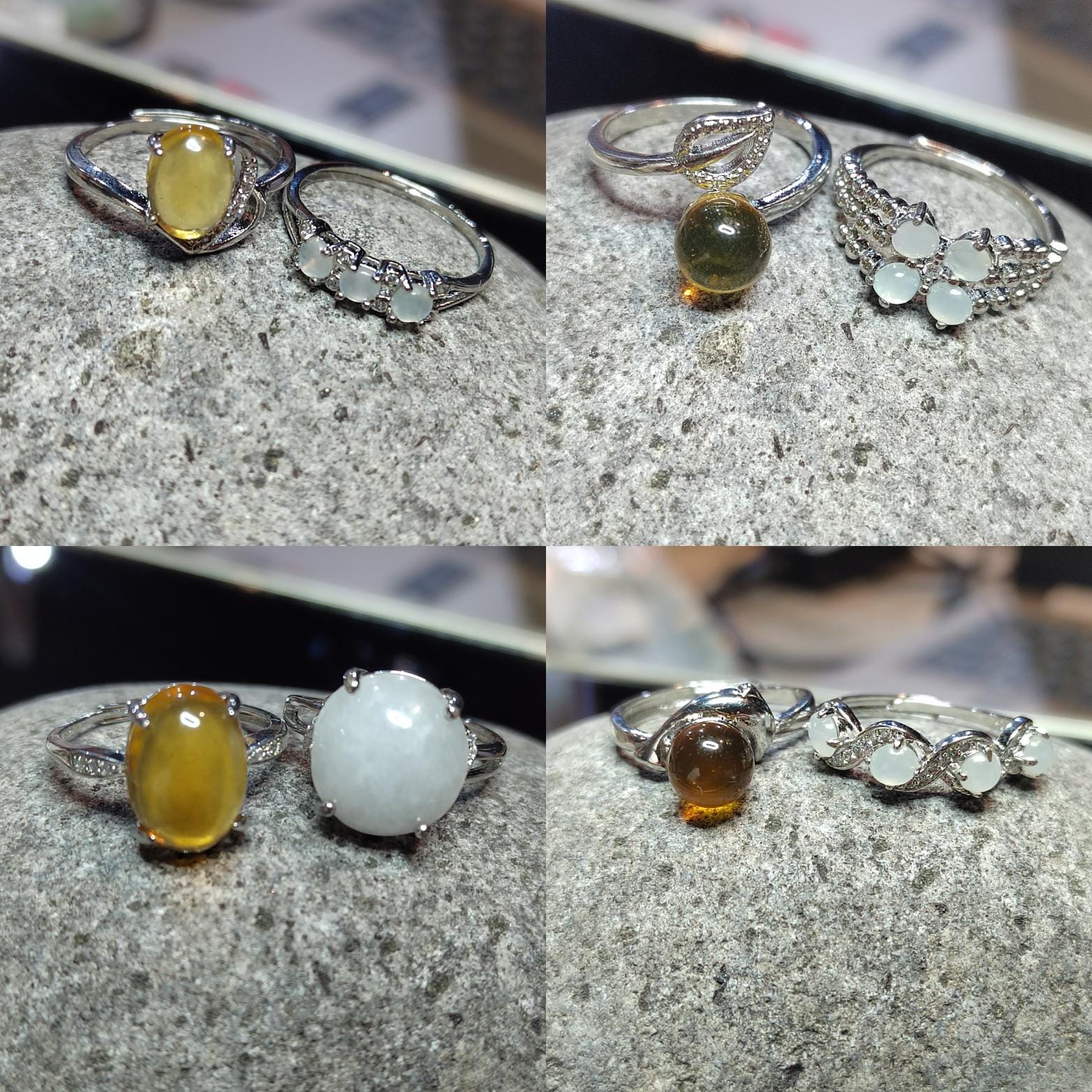 Burmese Blue Amber & Jadeite Ring Set: 18K Gold-Plated S925 Silver, Adjustable SL417