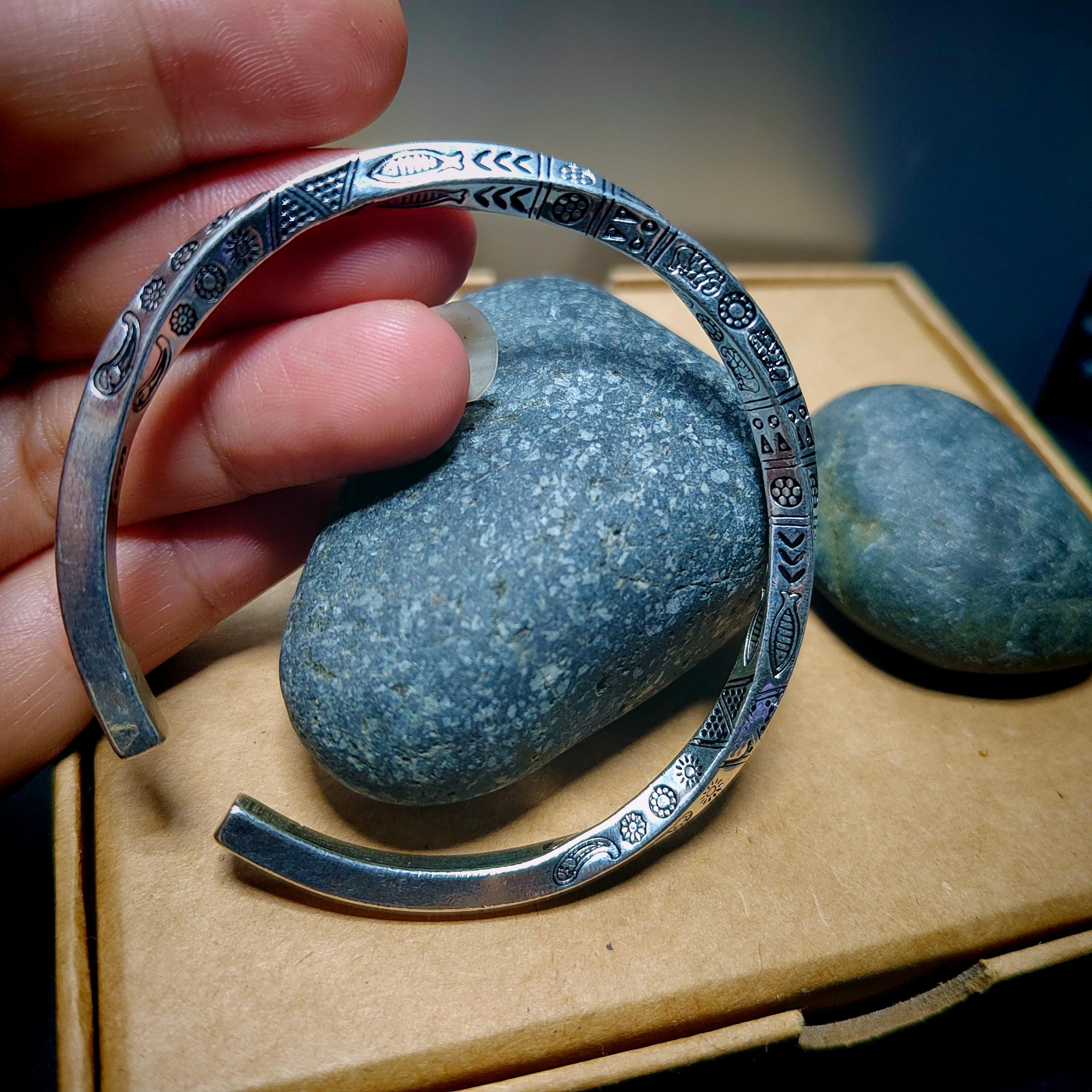 S9999 Silver Filled Vermeil Twitter Punk Bangle & Burmese Black Ink Jadeite Bead Bracelet | Vintage Unisex Gift Set SL237