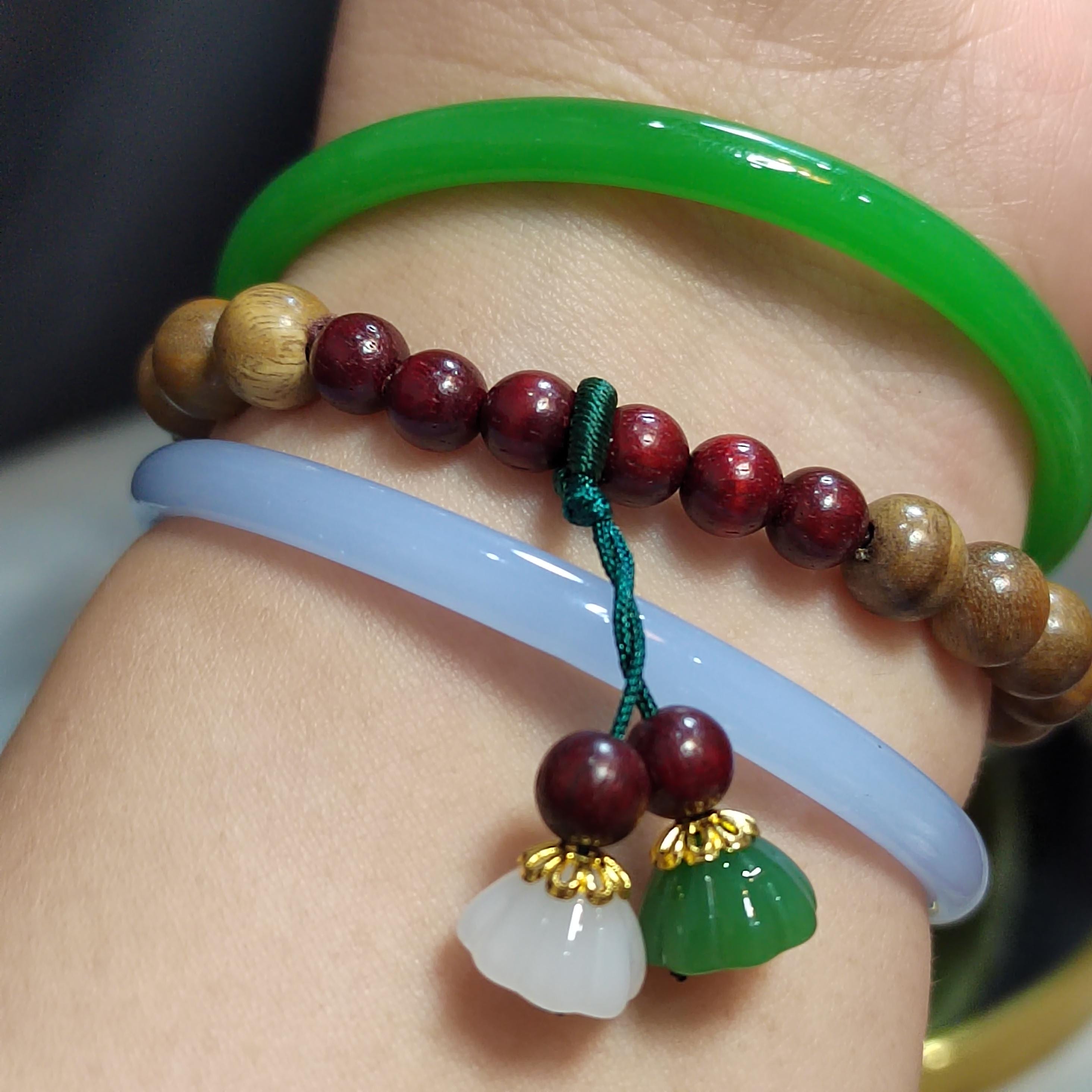 Agate Bangle Bracelet Set: Purple & Green Agate, Sandalwood Beads SL0450C