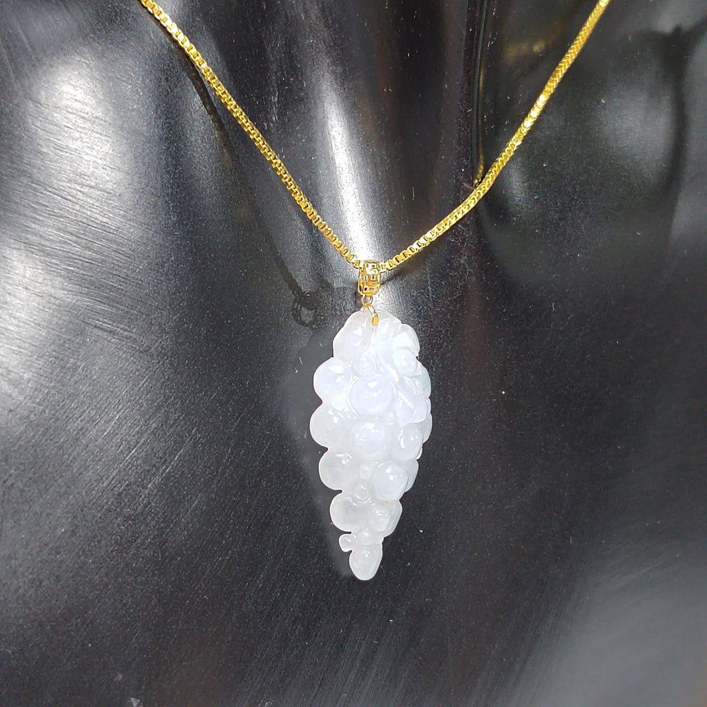 Burmese Natural A Grade White Jadeite Grapes Carved Gemstone with 18K Solid Yellow Gold Setting - Gifts for Her, SL025