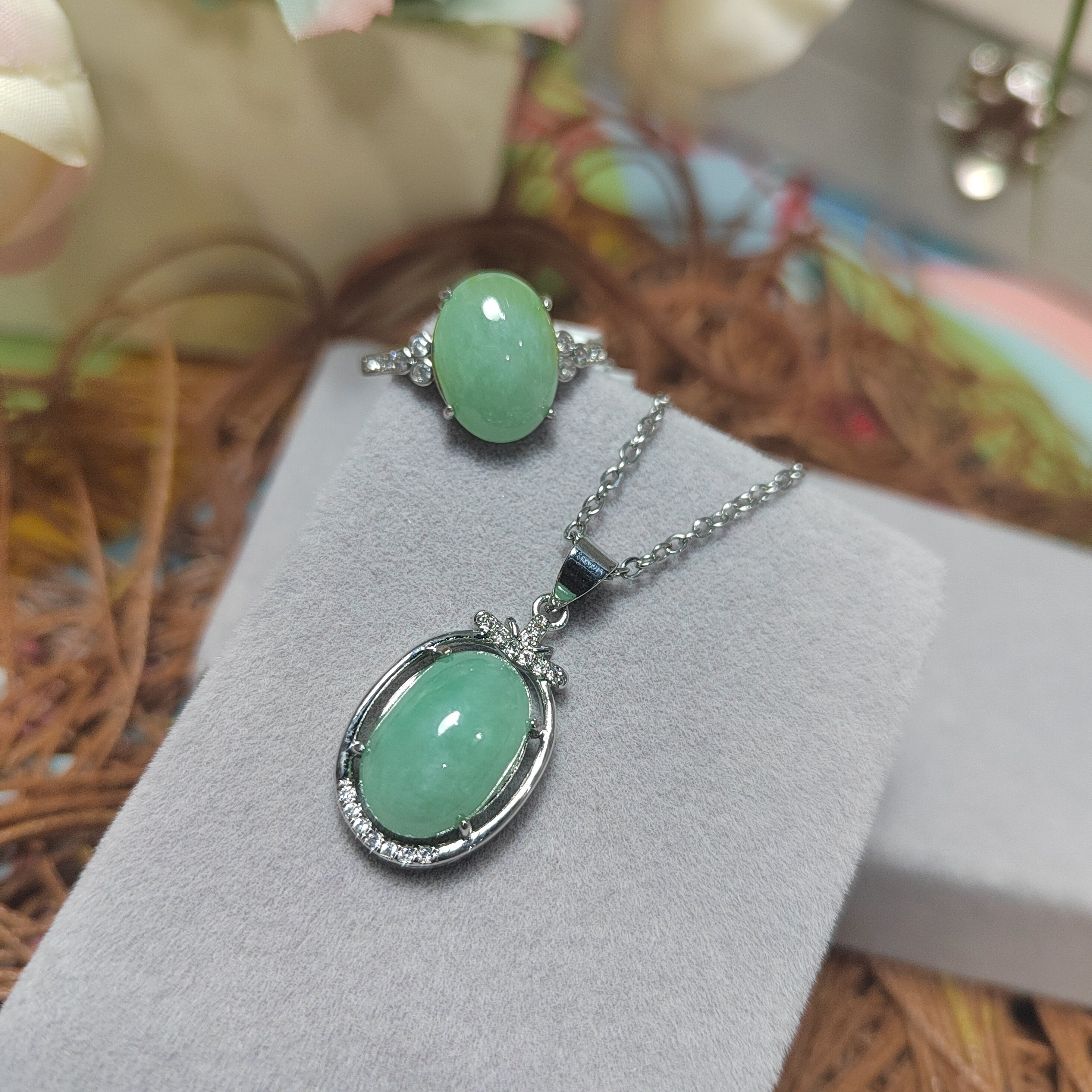 Burmese Natural Gemstone Untreated Light Apple Green Pendant and Ring 2pcs Set Jewellery For Her Minimalist Design SL070
