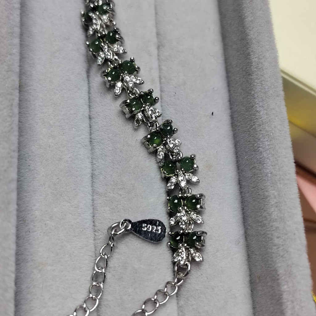A-Grade Guatemala Small Icy Green Jadeite Beads with Zirconia Stones "Butterflies" on 925 Silver Bracelet SL029