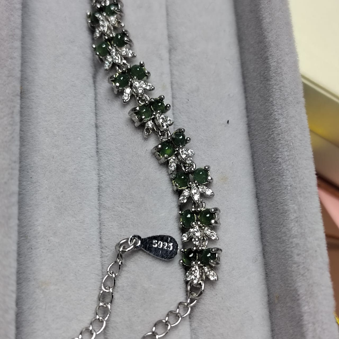 A-Grade Guatemala Small Icy Green Jadeite Beads with Zirconia Stones "Butterflies" on 925 Silver Bracelet SL029