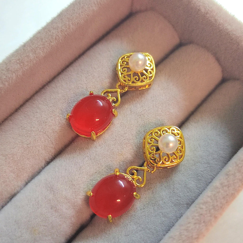 Certified Natural Untreated China Baoshan Southern Red Nanhong Agate S925 Silver Stud Earrings 中国古典风古法掐丝工艺镶嵌淡水珍珠原矿南红冰红耳饰 SL260X19