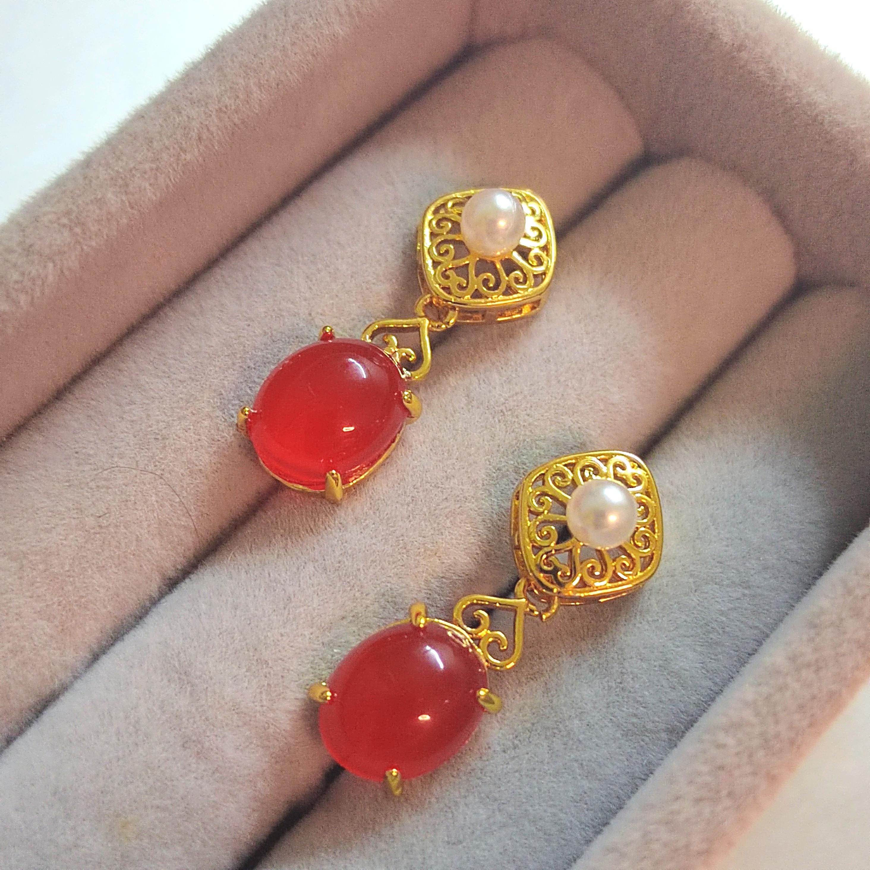 Certified Natural Untreated China Baoshan Southern Red Nanhong Agate S925 Silver Stud Earrings 中国古典风古法掐丝工艺镶嵌淡水珍珠原矿南红冰红耳饰 SL260X19