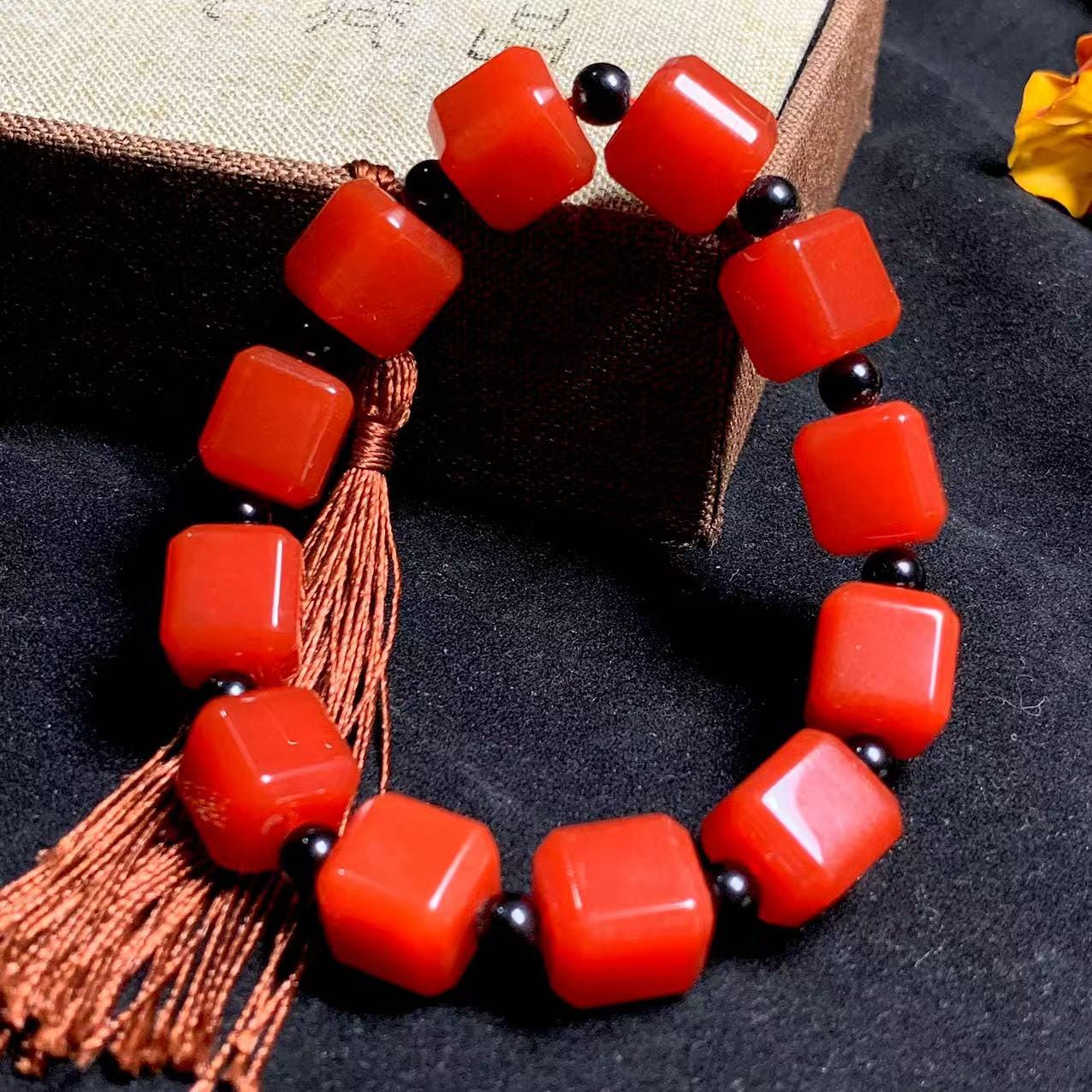 Certified A-Grade Natural Southern Baoshan Yunna Square Shape Icy Red Agate Beads Bracelet Untreated SL266X25 云南保山南红方糖手串，冰红，满肉，透光
