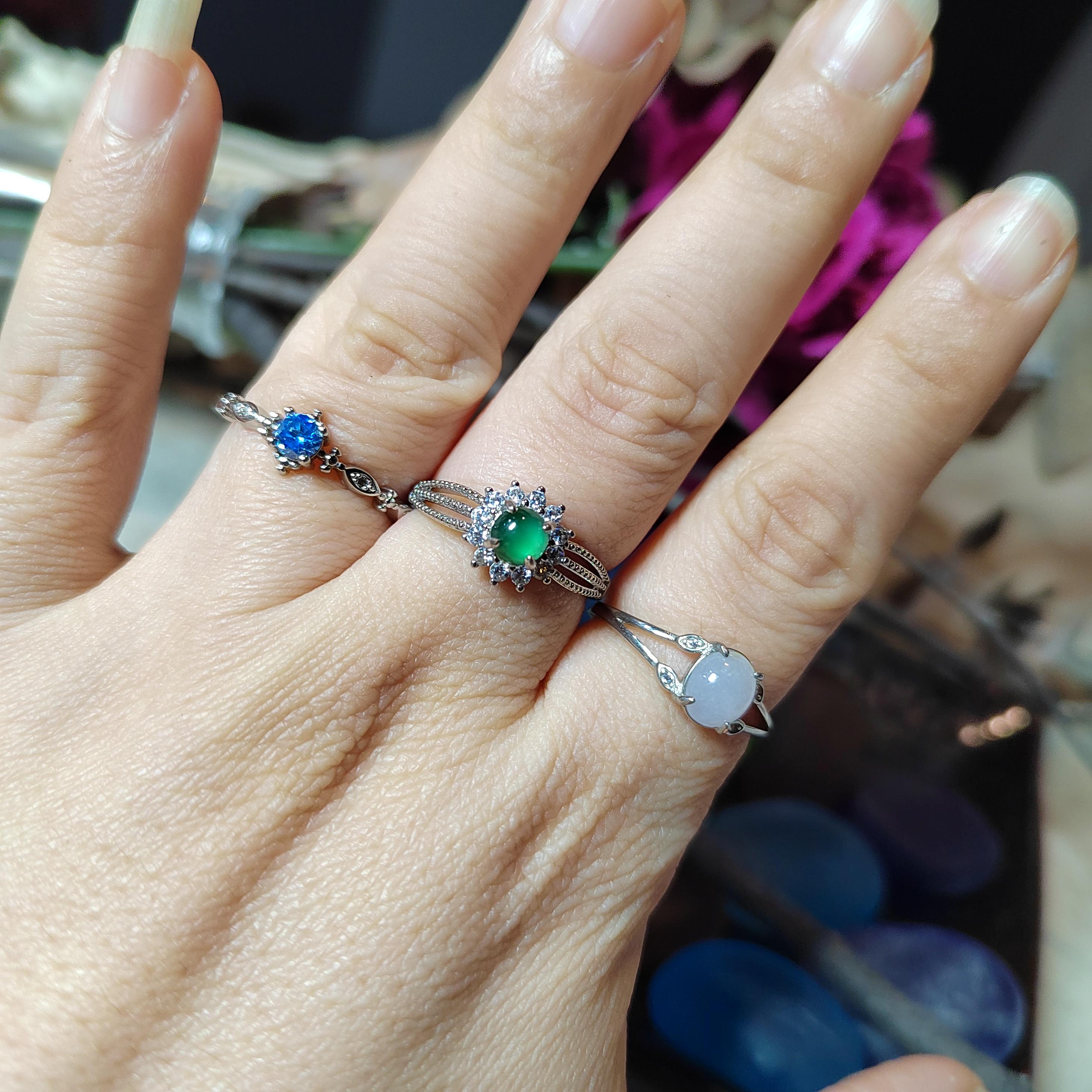 3pcs Set – Burmese White Jadeite, Guatemala Green Jadeite & Blue Topaz Rings | S925 Silver | Elegant Mixed Energy Trio | SL408