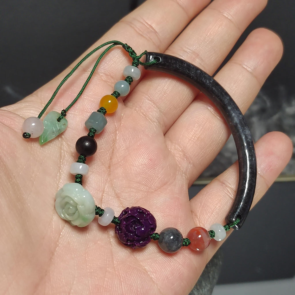 Certified A-Grade Natural Untreated Burmese Wuji Black Grey Half Bangle Bracelet | Nanhong Agate & Wax Amber Handmade Design SL289
