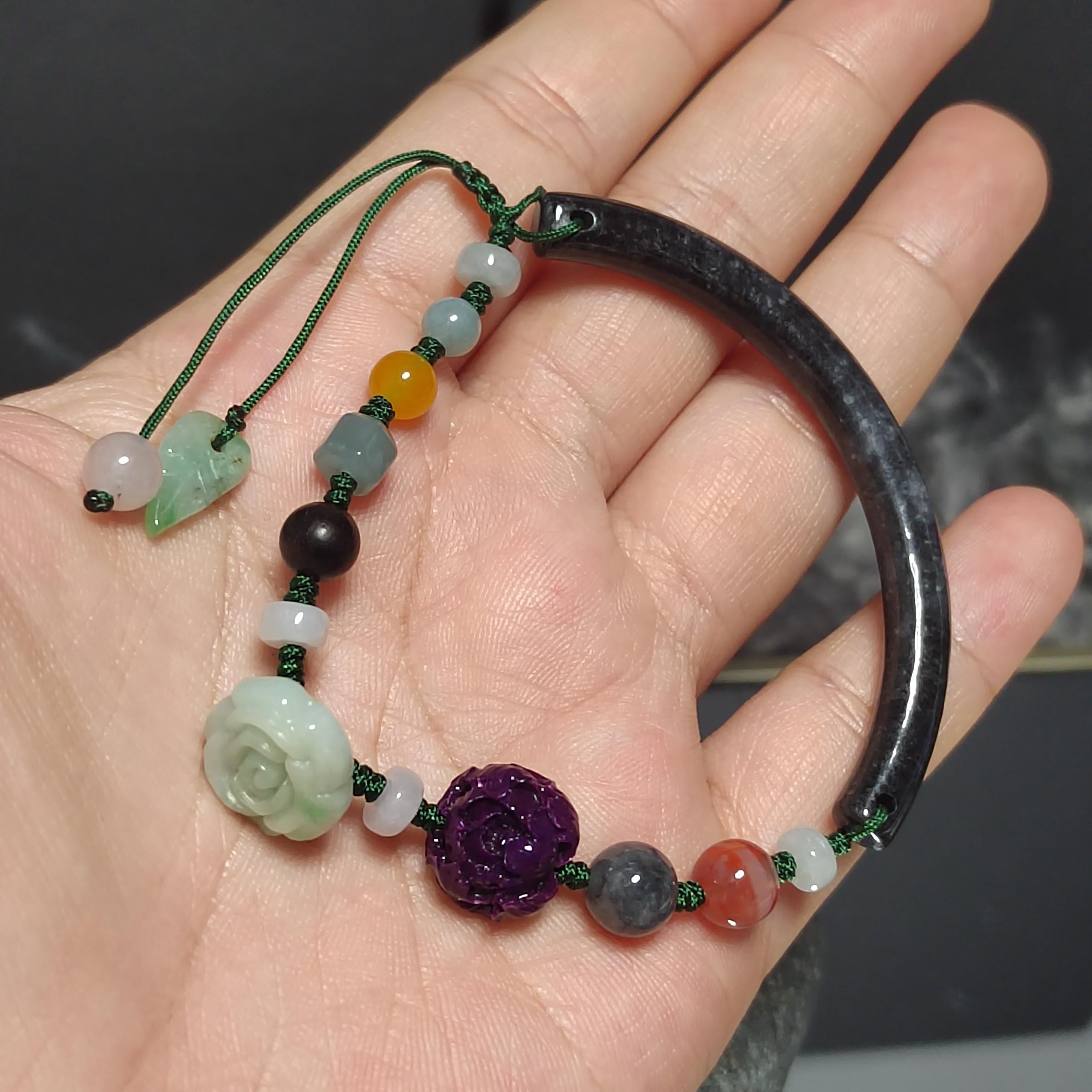 Certified A-Grade Natural Untreated Burmese Wuji Black Grey Half Bangle Bracelet | Nanhong Agate & Wax Amber Handmade Design SL289