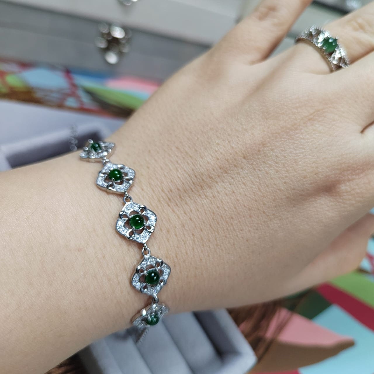 Woodland Dark Green Natural Guatemala Jadeite  Zirconia Silver Ring & Bracelet Set SL034