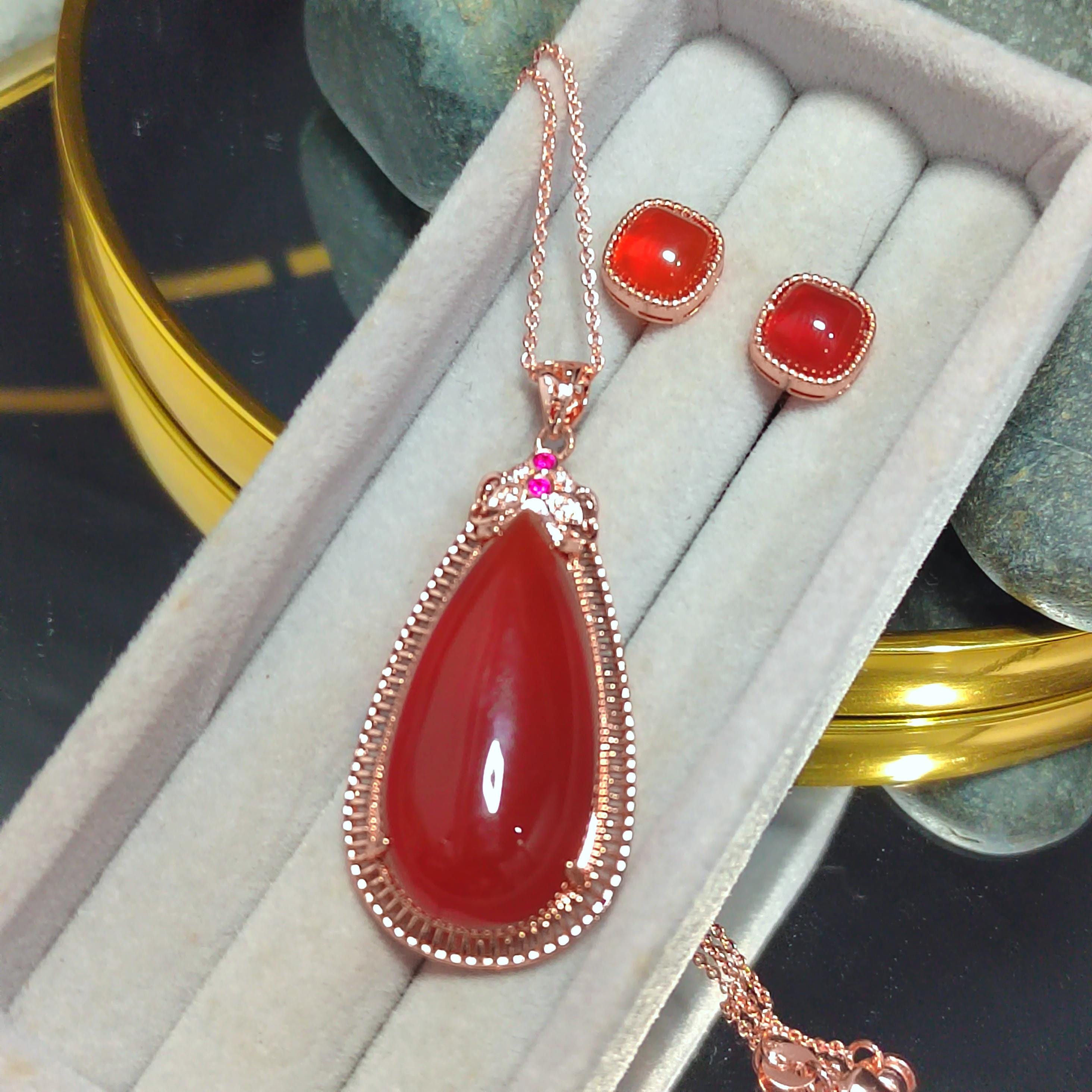 Certified A-Grade Natural Baoshan Nanhong Icy Red Agate Earrings & Large Pendant Set | Top-Quality Southern Red Agate Jewelry SL359
