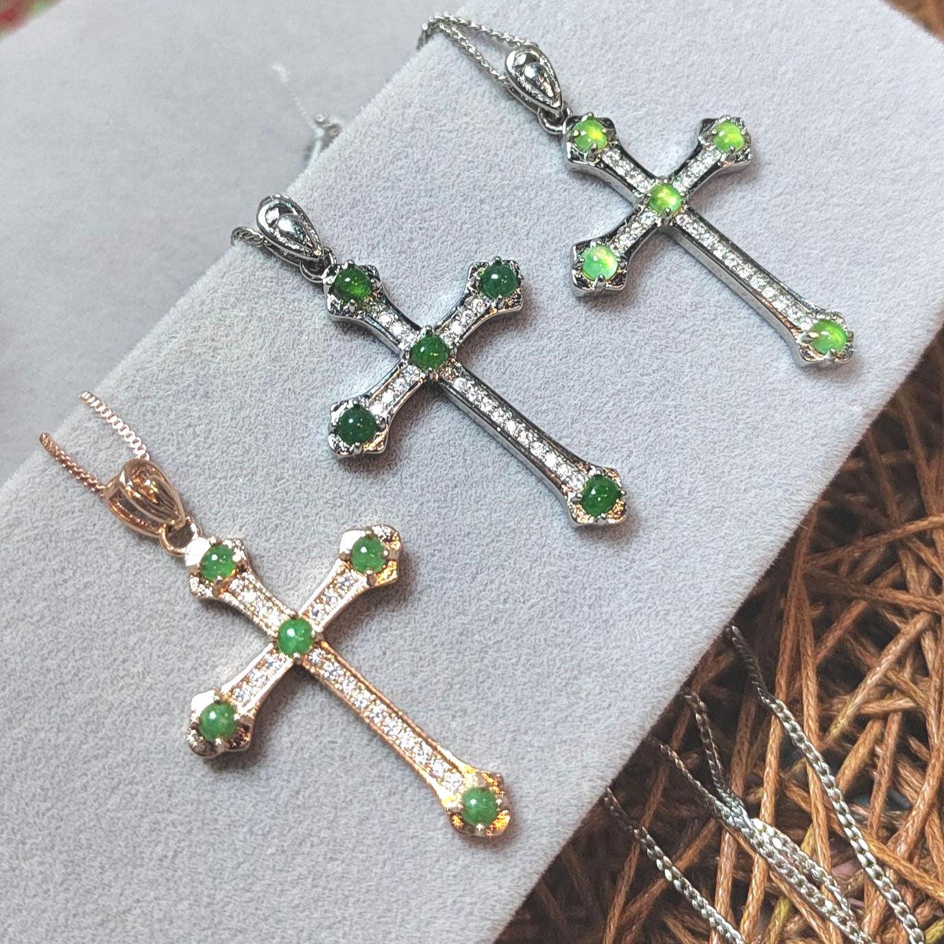Natural Burmese Jadeite Apple Green, Imperial Green & Bright Green 925 18k White/Rose Gold Christian Cross Pendant/Chain Jewelry SL030 - SL Precious