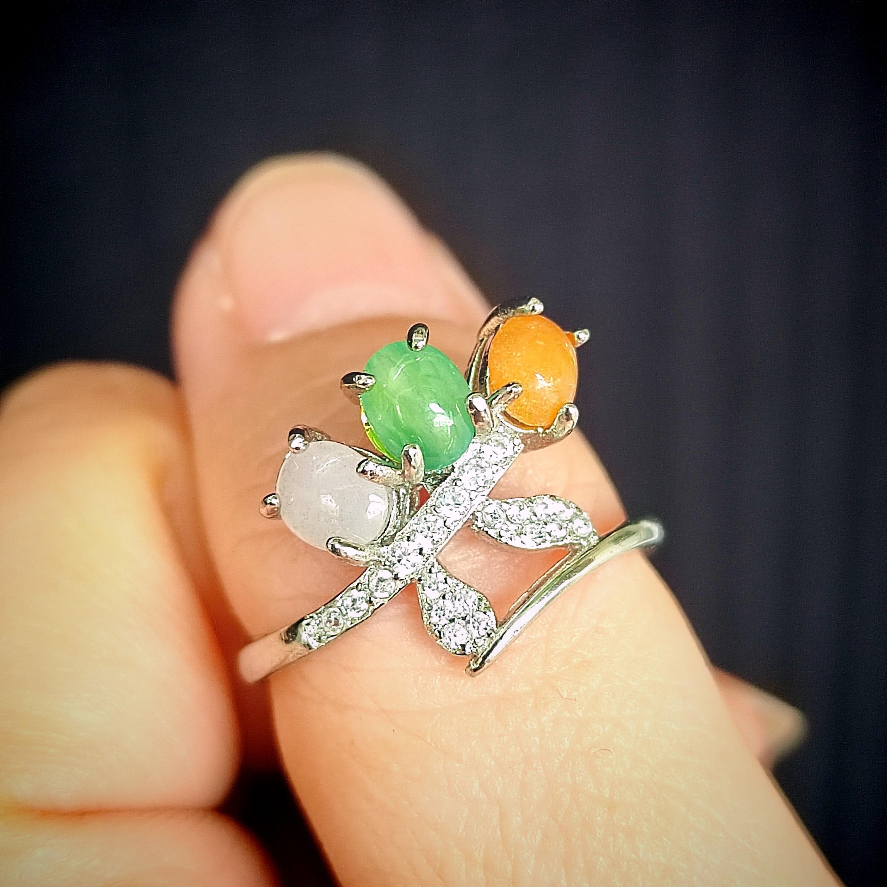3 Colors Certified Natural Gemstone Untreated Burmese Jadeite Elegant Lower Leaf Yellow, Green, White with Zircon Accents S925 Ring SL134