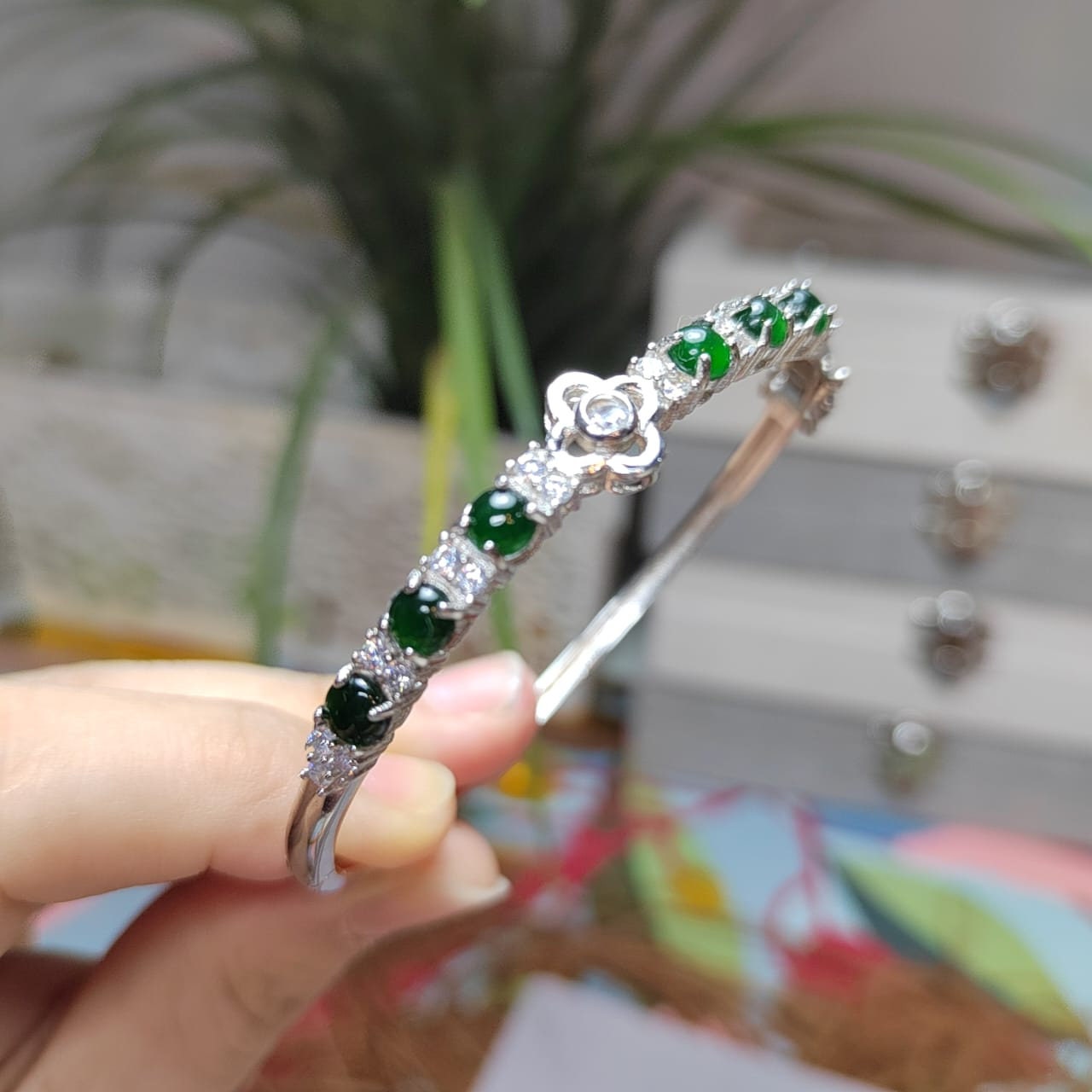 6 Spherical Dark Green Guatemala Jadeite & Zirconia Bangle | 925 Silver | Elegant Design SL037