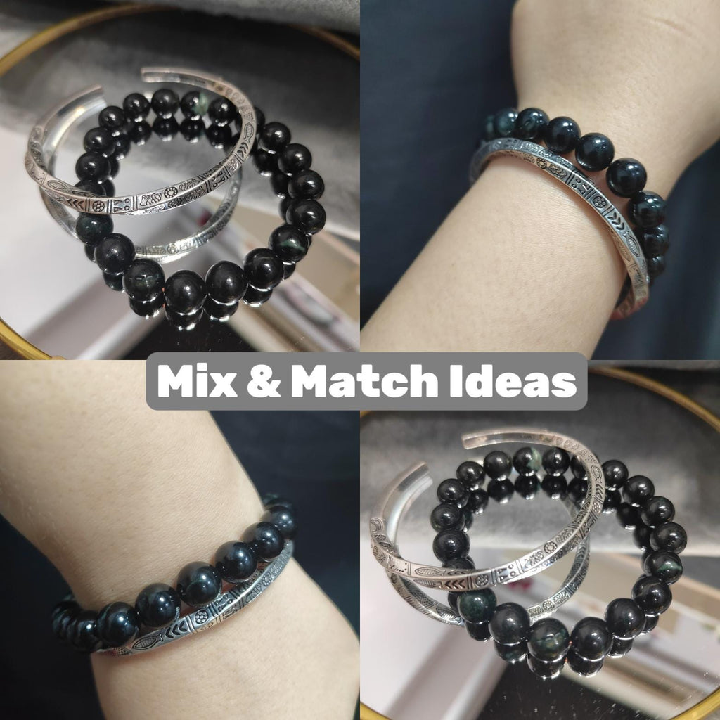 S9999 Silver Filled Vermeil Twitter Punk Bangle & Burmese Black Ink Jadeite Bead Bracelet | Vintage Unisex Gift Set SL237