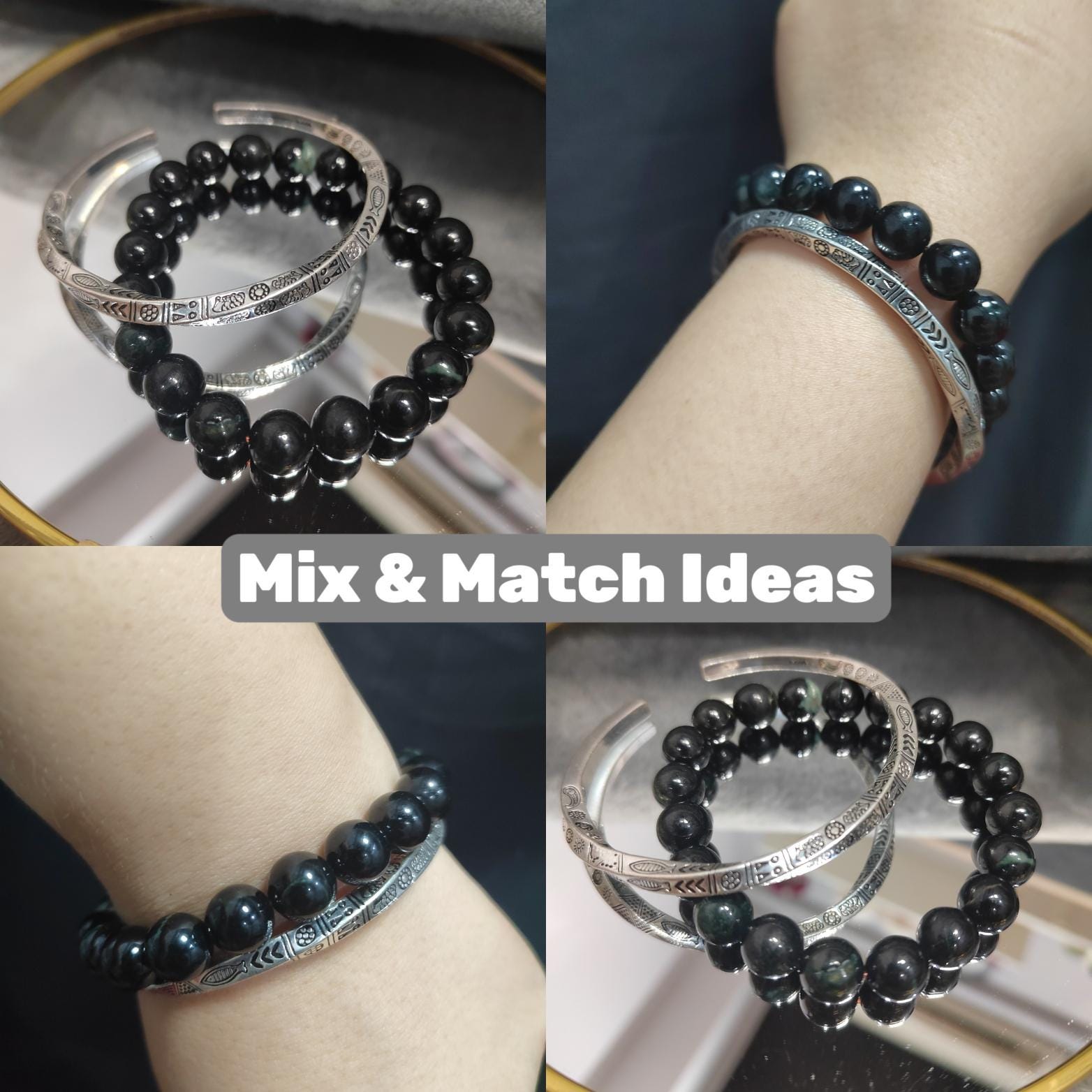 S9999 Silver Filled Vermeil Twitter Punk Bangle & Burmese Black Ink Jadeite Bead Bracelet | Vintage Unisex Gift Set SL237