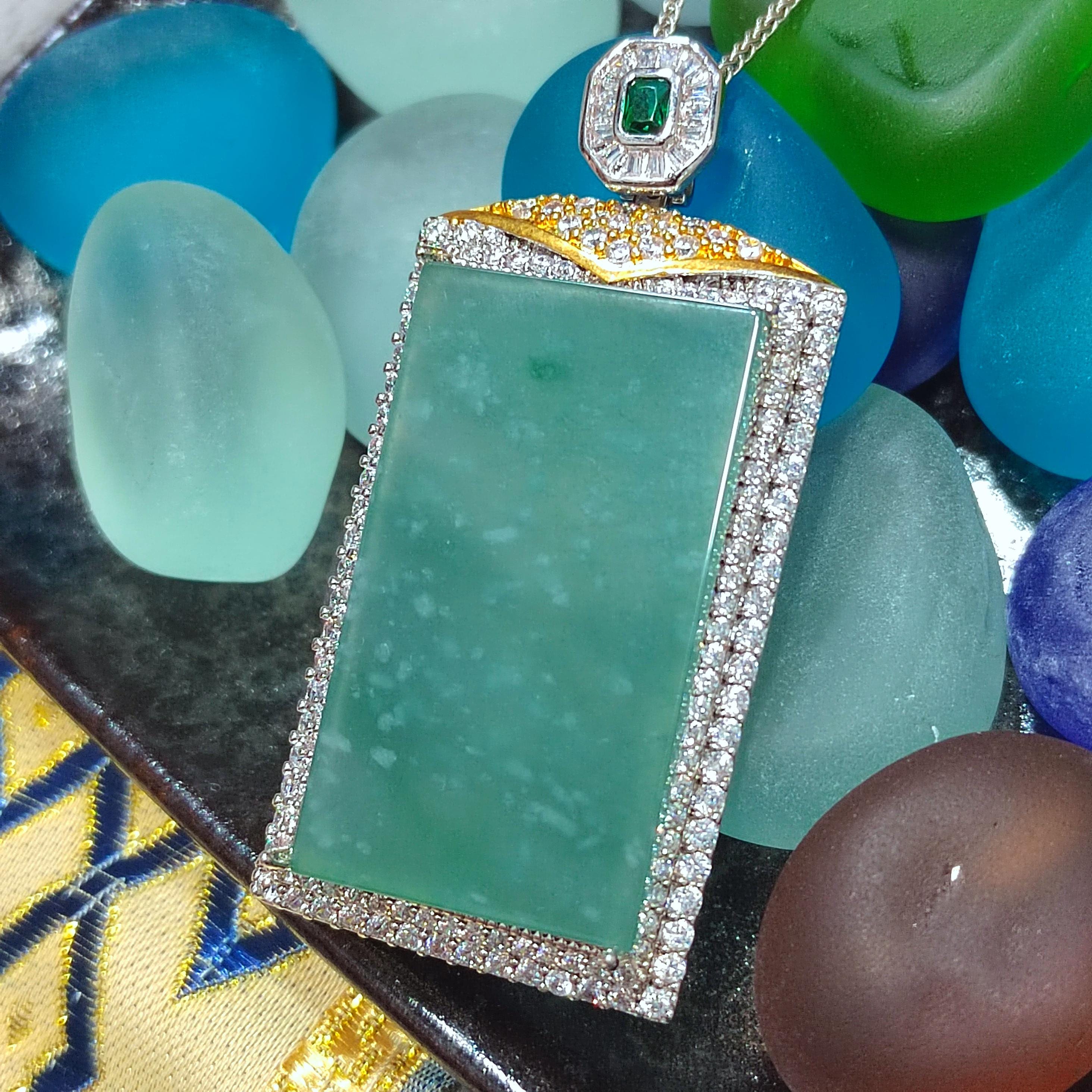 Elegant Guatemala Gemstone Pendant with Icy Snow Flower Blue/Green Jadeite - Unisex 18k Gold Plated Design SL119