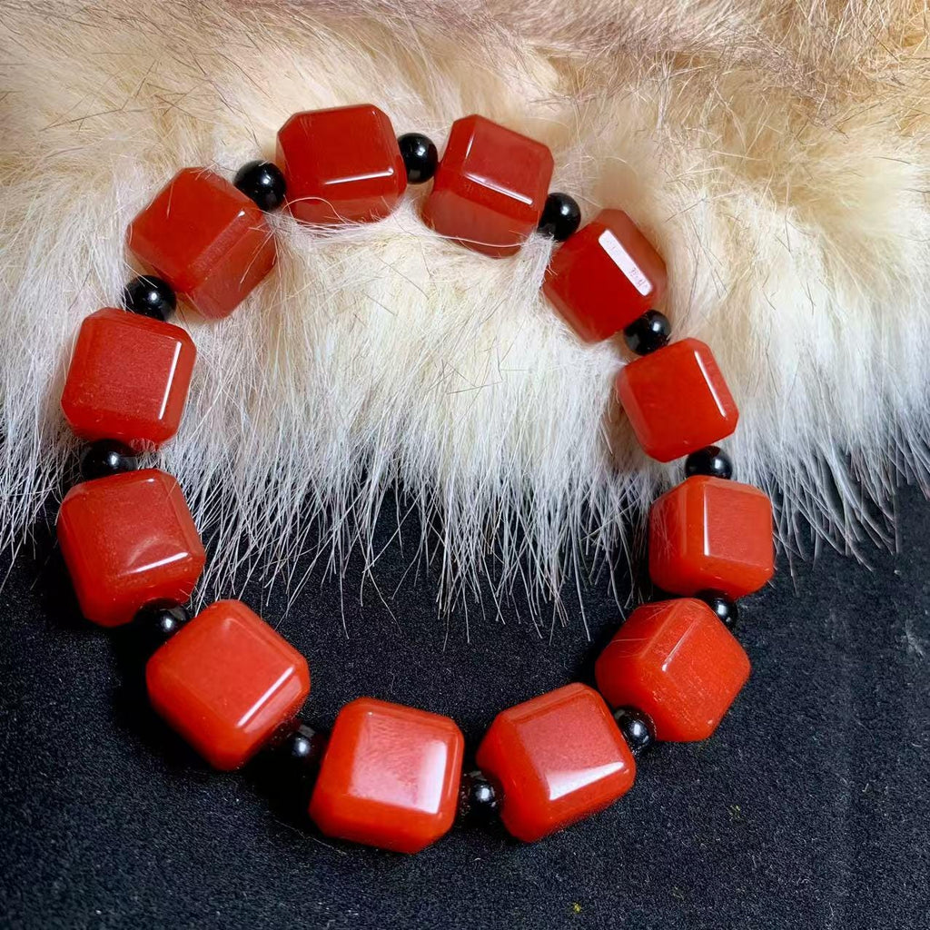 Certified A-Grade Natural Southern Baoshan Yunna Square Shape Icy Red Agate Beads Bracelet Untreated SL266X25 云南保山南红方糖手串，冰红，满肉，透光