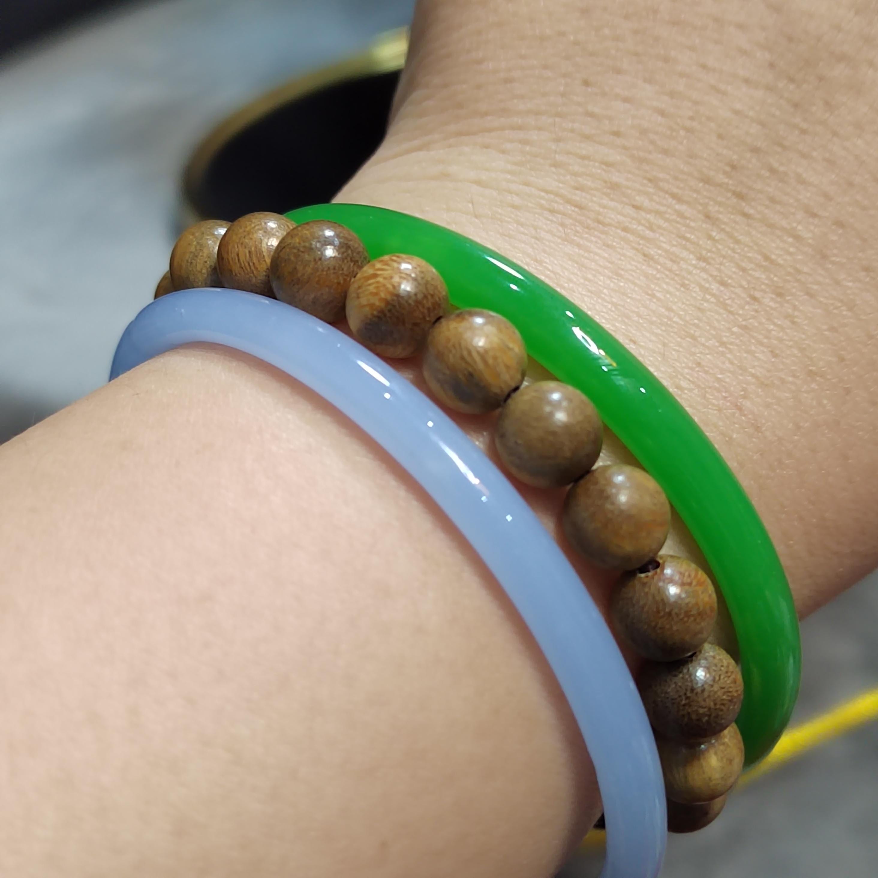 Agate Bangle Bracelet Set: Purple & Green Agate, Sandalwood Beads SL0450C