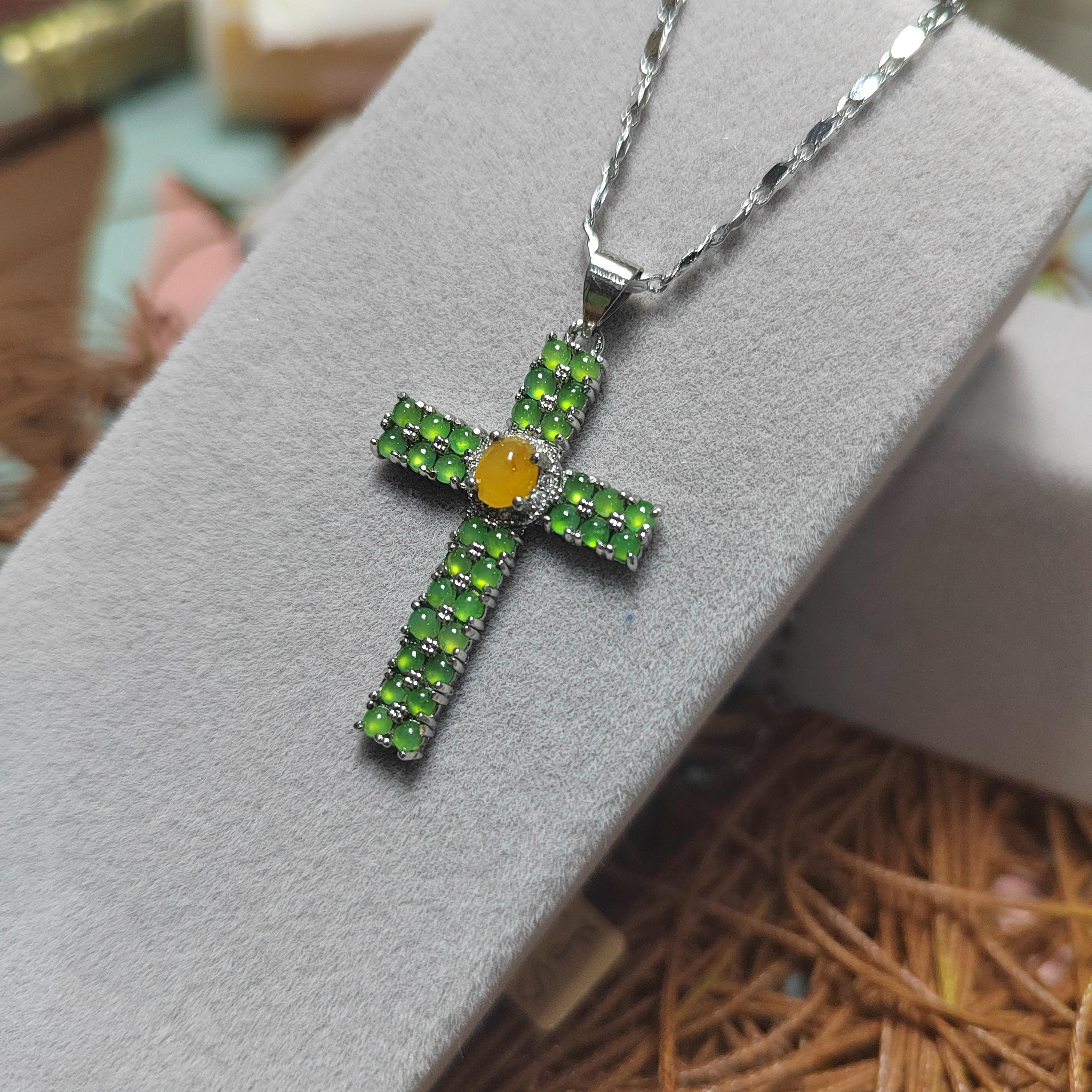 Certified Beautiful Gemstone A Grade Burmese Natural Apple Green/Yellow Jadeite Cross 925 Untreated Christian Cross Jewelry Gifts SL058 - SL Precious