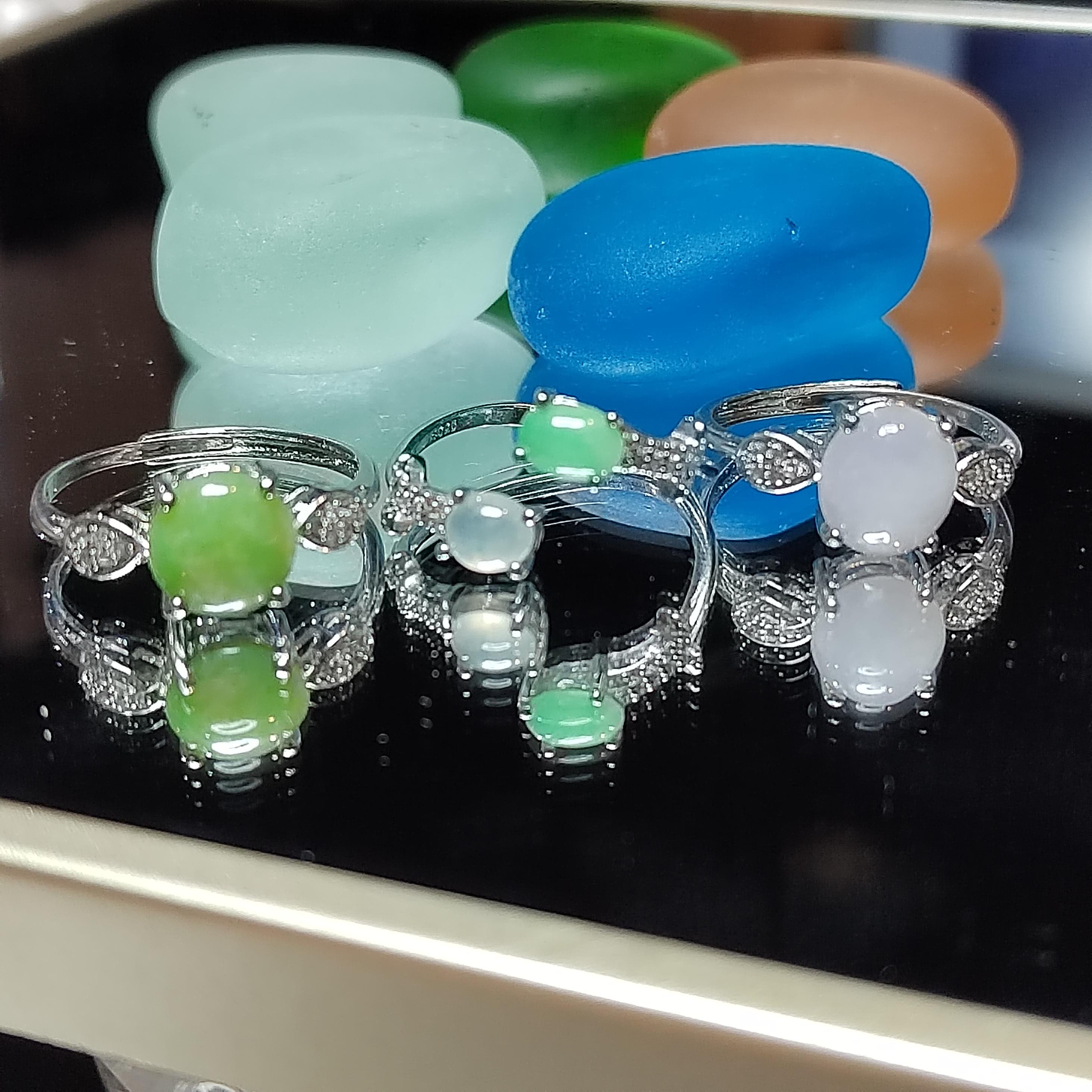 Burmese Jadeite Ring Set: Sterling Silver, Zircon Accents SL411