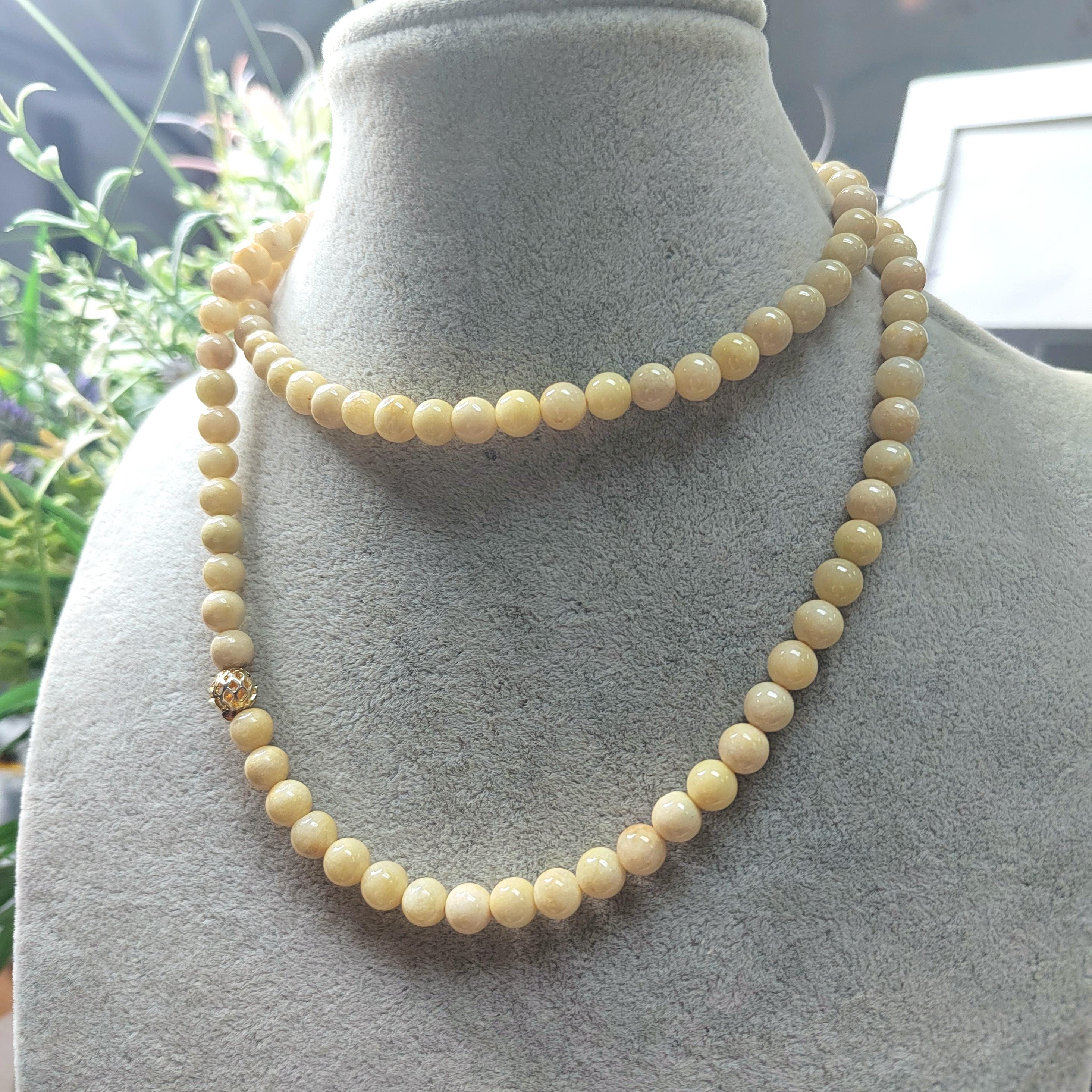 Certified A-Grade Natural Untreated Burmese Creamy Yellow Beads 77cm Long Jadeite Necklaces 7mm SL365A