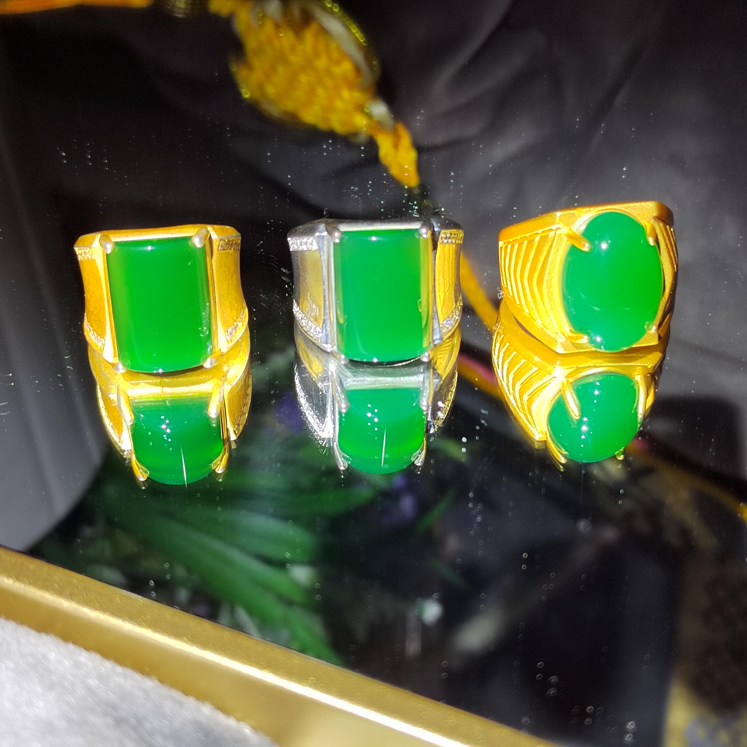 Natural Untreated Large Green Chalcedony Man Ring Silver Gold Plated Zircon SL150, SL151, SL152 - SL Precious