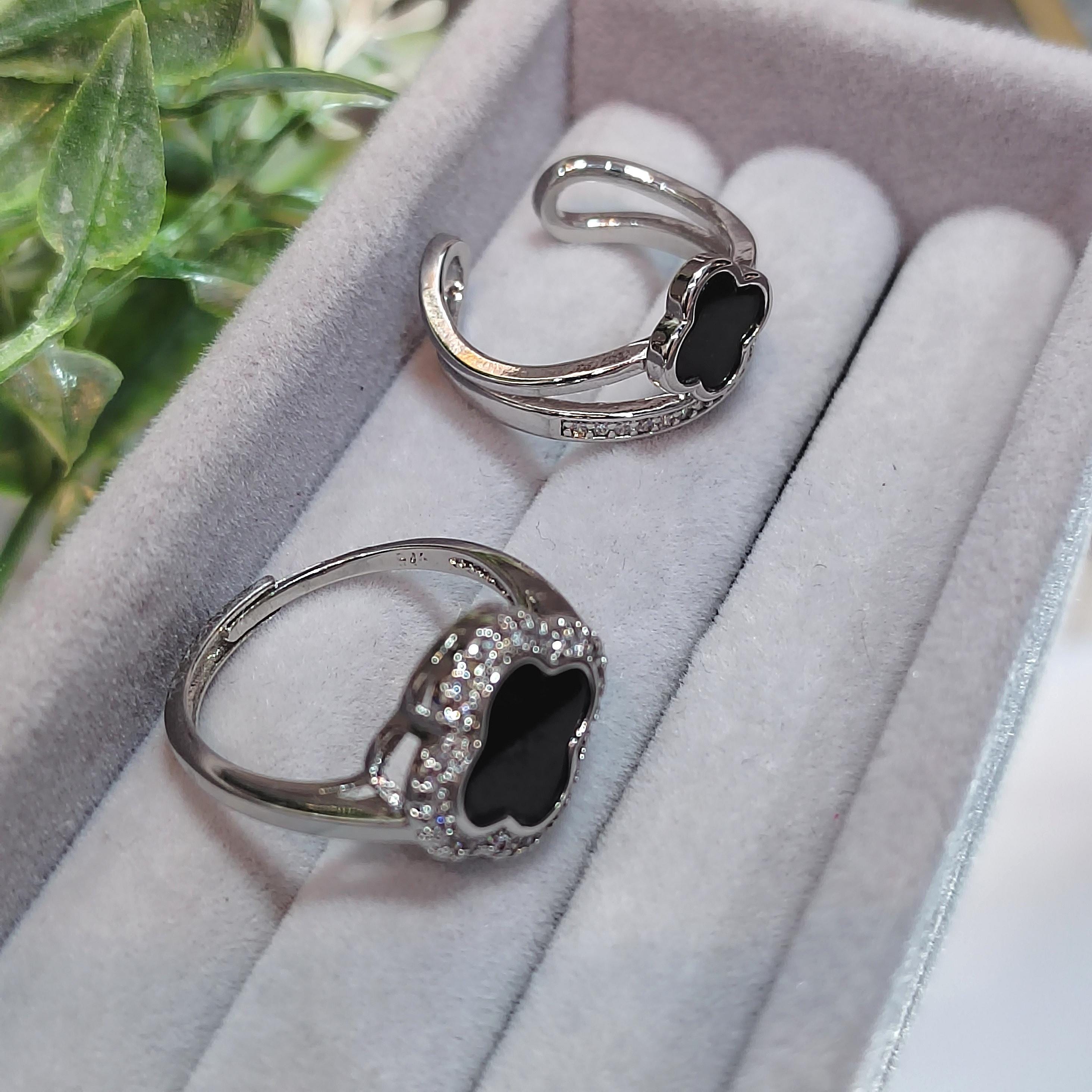 Burmese 3pcs Set Natural Gemstone Untreated Black Ink Jadeite Lucky Flower Ring, Earring, Bracelets/Bangle (2 Designs Available) SL160 SL161