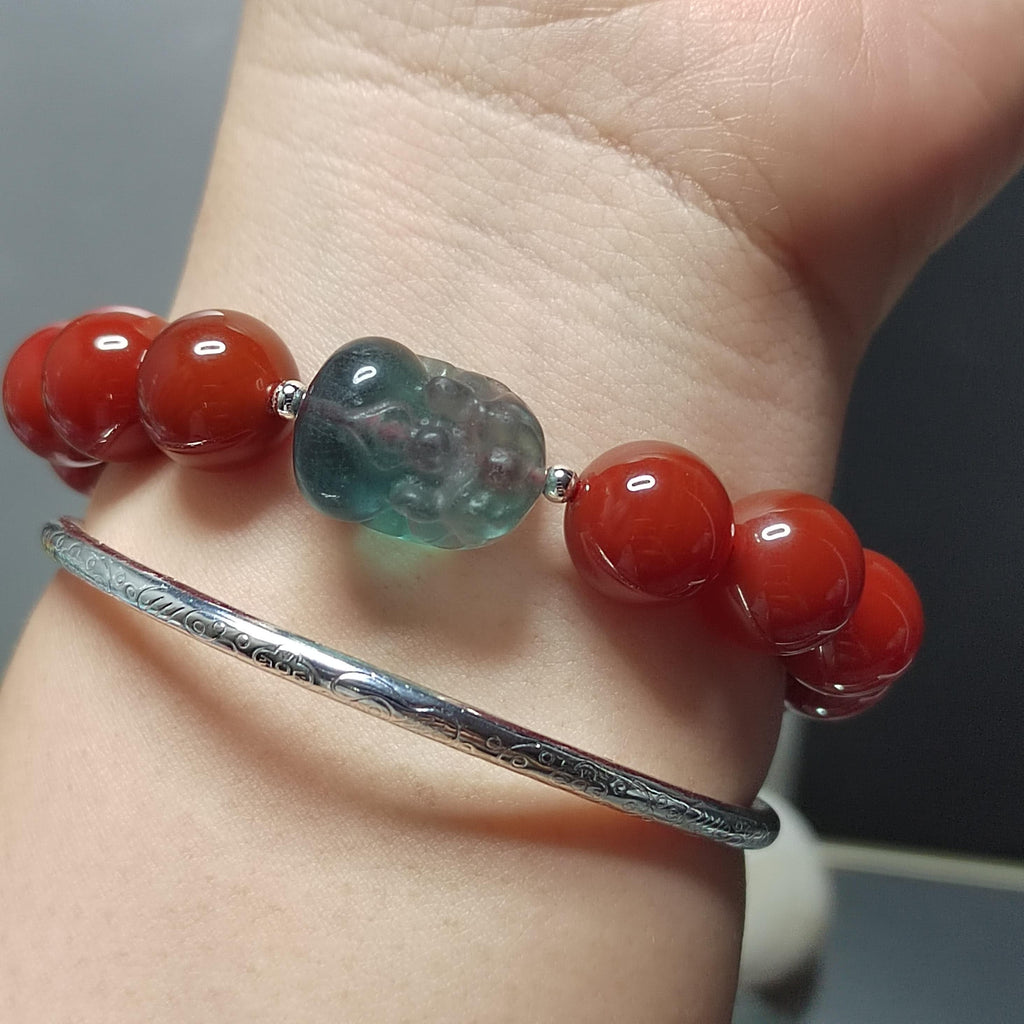 Certified A-Grade Natural China Baoshan Southern Red Oily Nanhong & Fluorite Brave Troops Bead Bracelet Handmade Design SL282