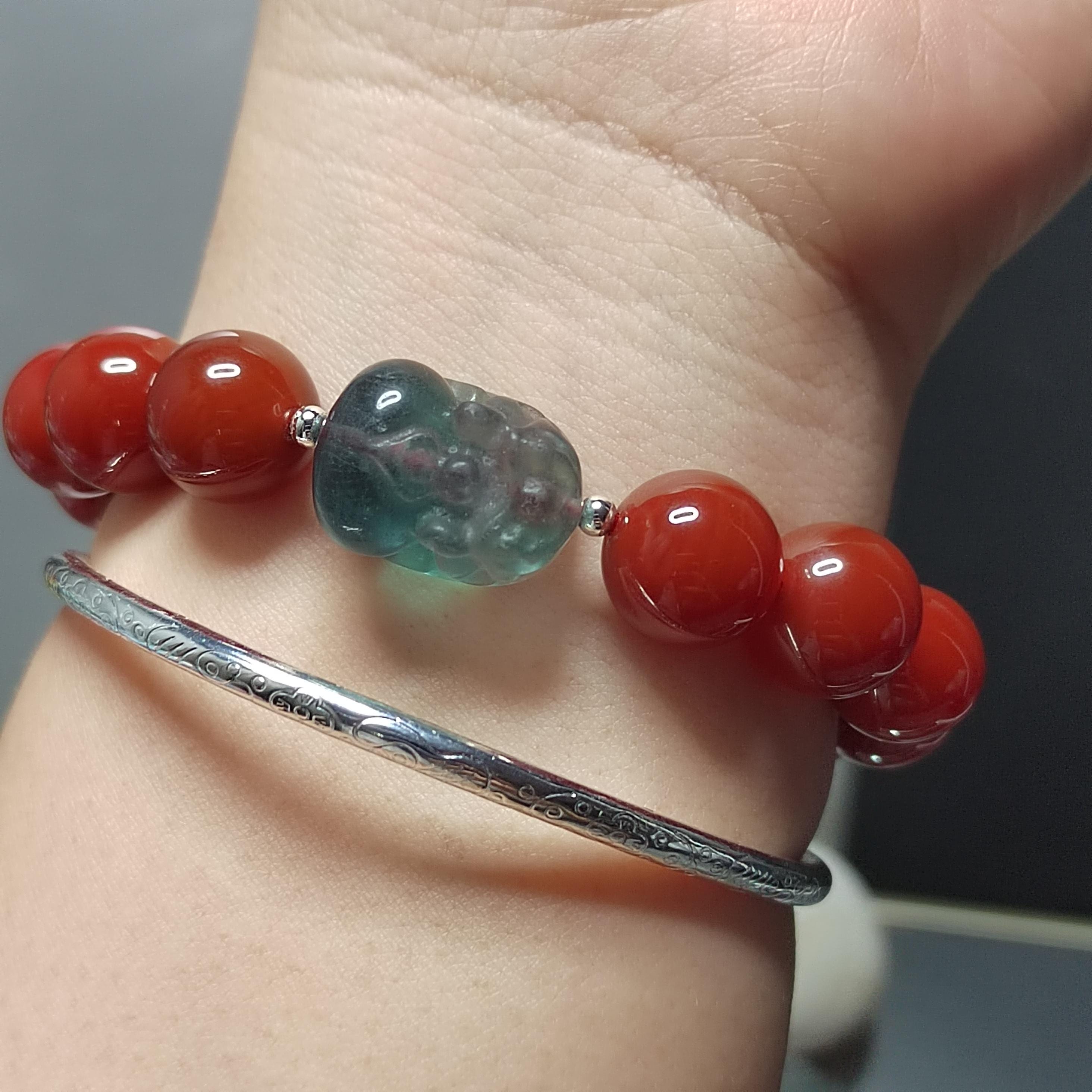 Certified A-Grade Natural China Baoshan Southern Red Oily Nanhong & Fluorite Brave Troops Bead Bracelet Handmade Design SL282
