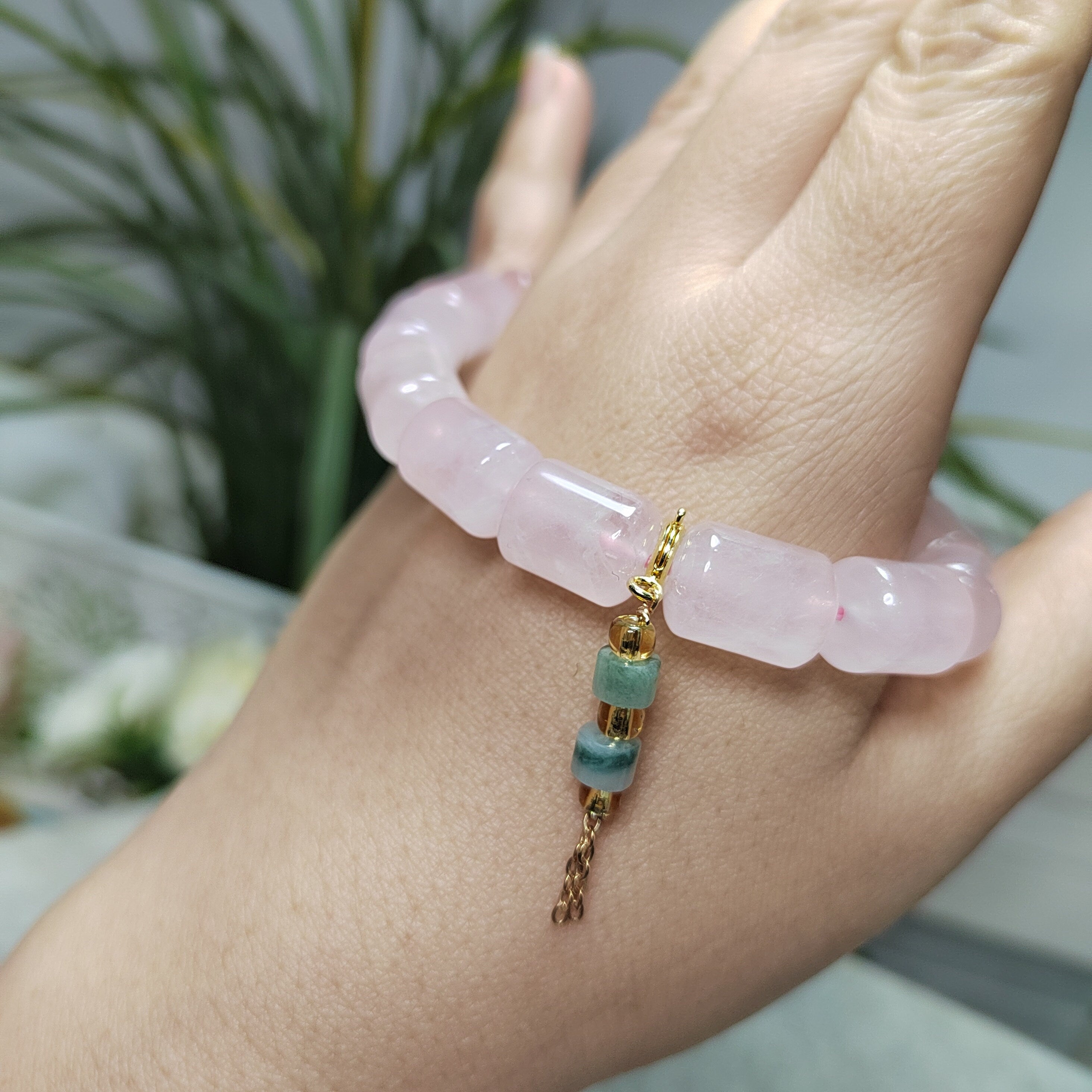 Beautiful Rose Quartz Beads Bracelet with Jadeite Chain SL103