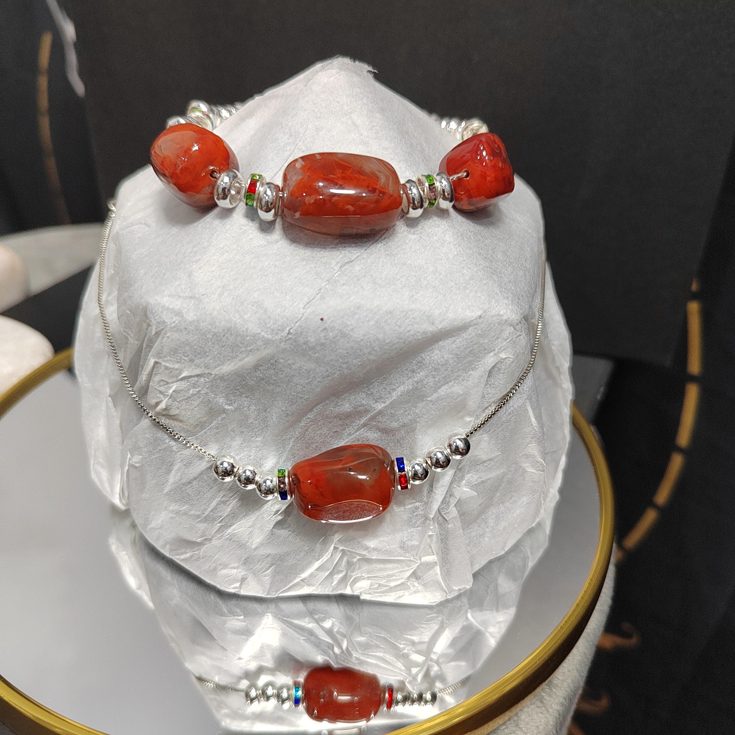 Natural Sichuan Wasi Southern Red Nanhong Agate 2pcs Set | Uneven Cut Bracelet/Necklace | Handmade Design SL309