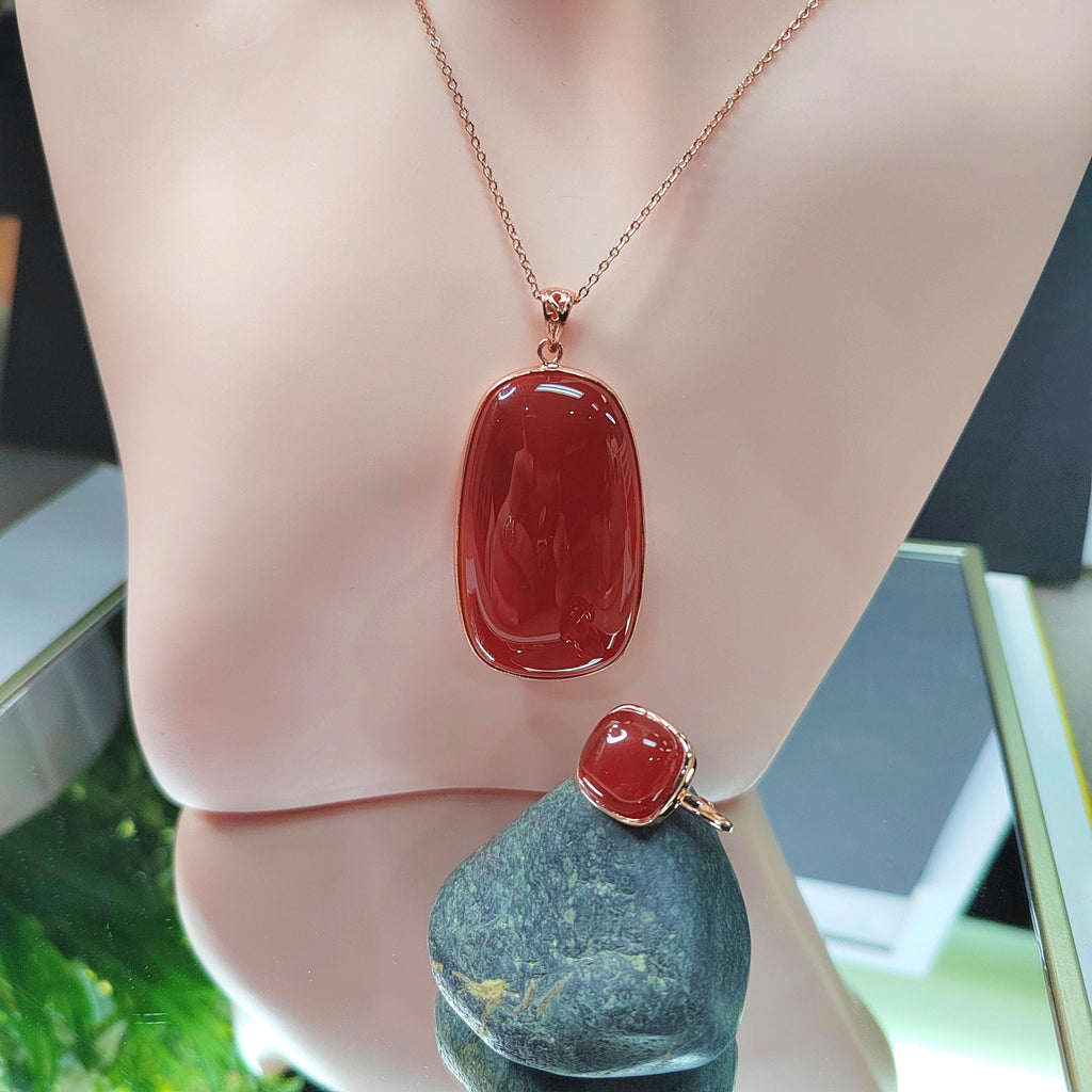 Certified Natural Southern Baoshan Nanhong Icy Top Quality Agate 3pcs Set Earrings -Ring -Pendant/Chain 18k Rose Gold Plated S925 SL358