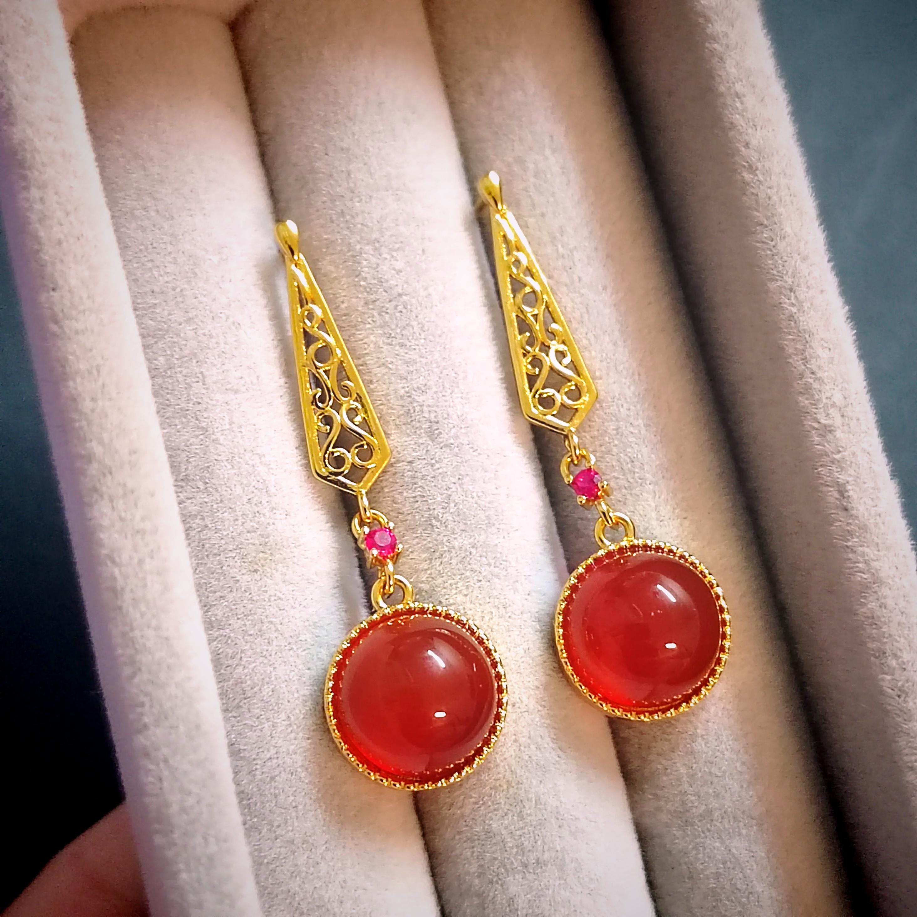 Certified Icy China Baoshan Southern Red Nanhong Agate S925 Silver Stud Dangle 中国风  古法掐丝工艺镶嵌  原矿南红冰红细长耳饰 SL261X20