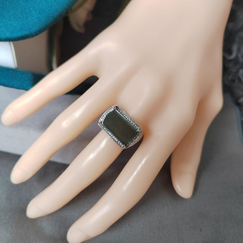 Green Guatemala Jade Zircon Accent Statement Ring S925 Silver Plated with 18K White Gold Unisex SL084 - SL Precious