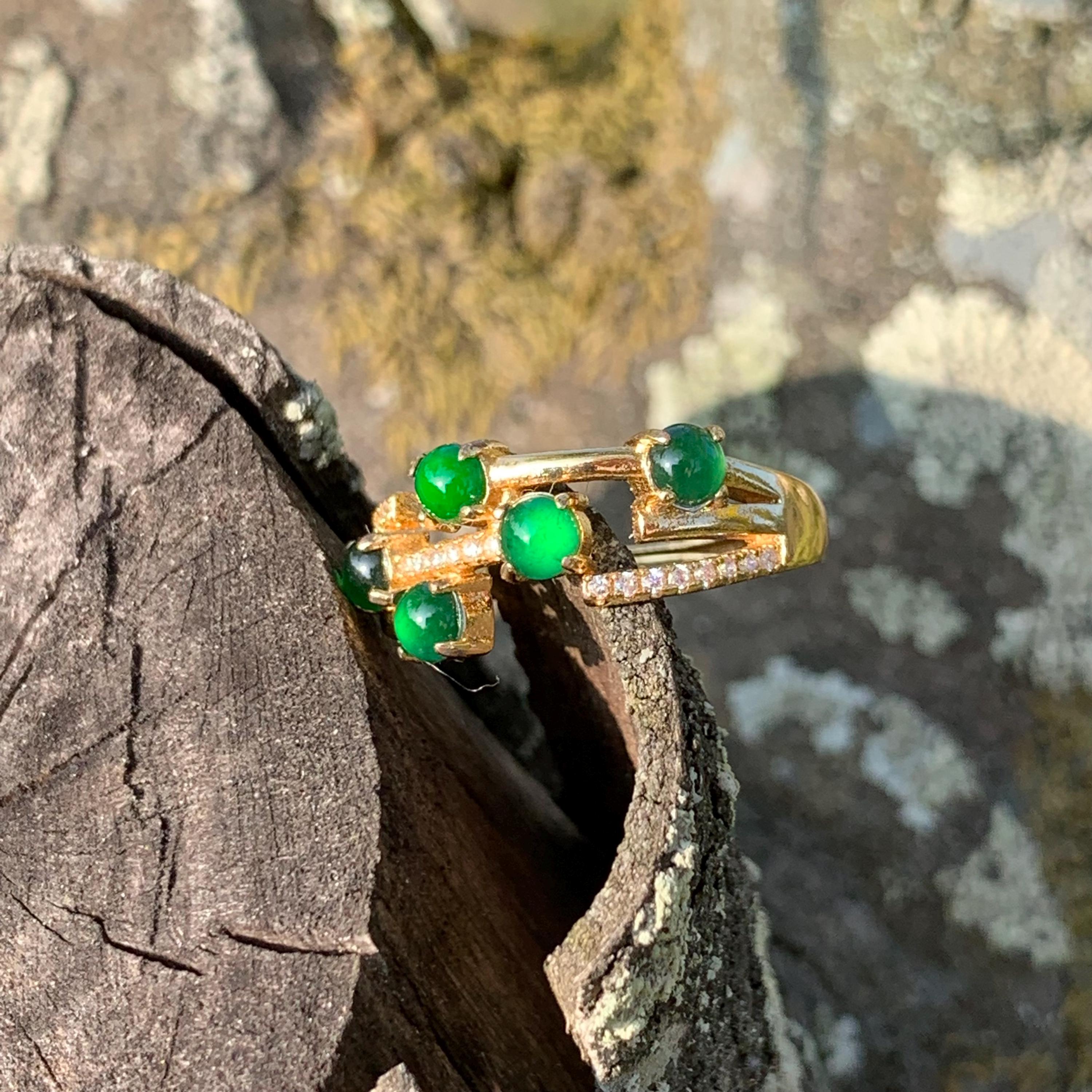 Elegant 5pcs Certified Imperial Green Guatemala Jadeite Rings, Untreated Natural Gemstones with Zircon, 18K Gold Plated SL247X6 - SL Precious