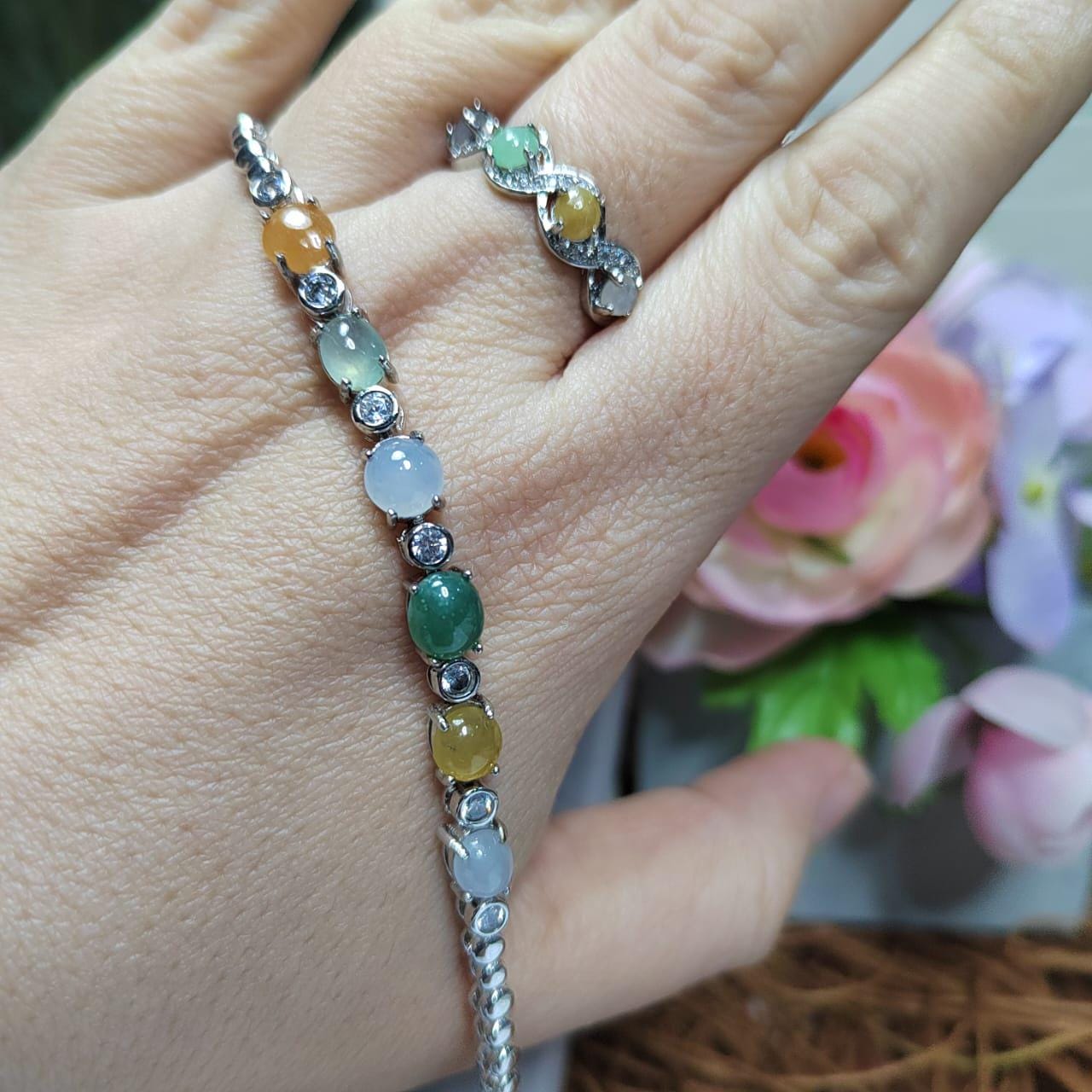 Burmese Gemstone Lucky Color Natural Jadeite Bracelet & Ring Set 925 Silver Plated with 18K White Gold Zircon Accent For Her Minimalist SL08