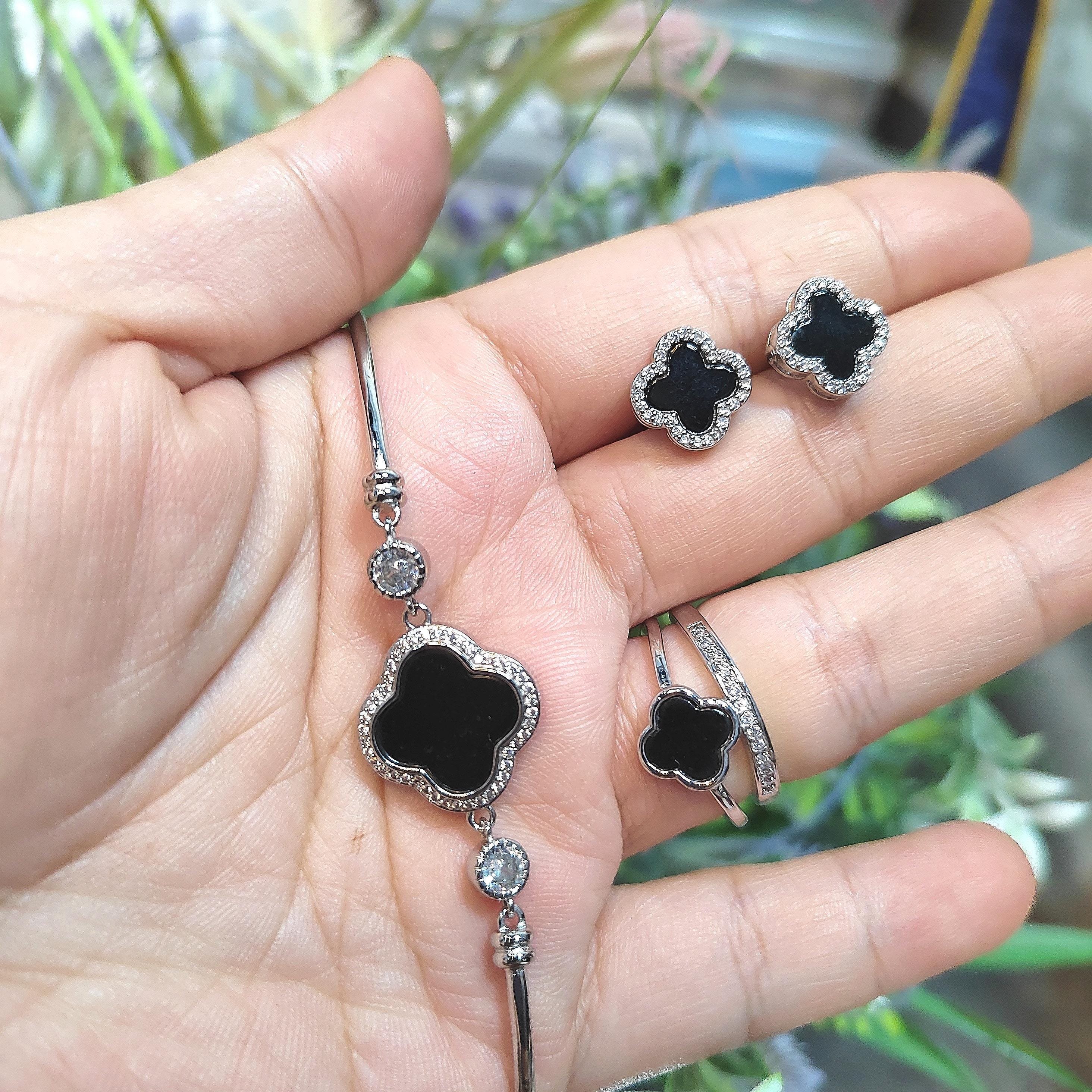 Burmese 3pcs Set Natural Gemstone Untreated Black Ink Jadeite Lucky Flower Ring, Earring, Bracelets/Bangle (2 Designs Available) SL160 SL161