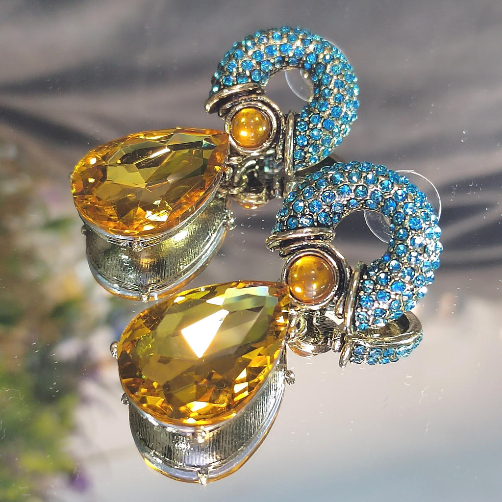 Rhinestone 925 Silver Stud Chucky Earrings Luxury Blue Yellow Wedding, Anniversary, Party, Casual SL158 - SL Precious