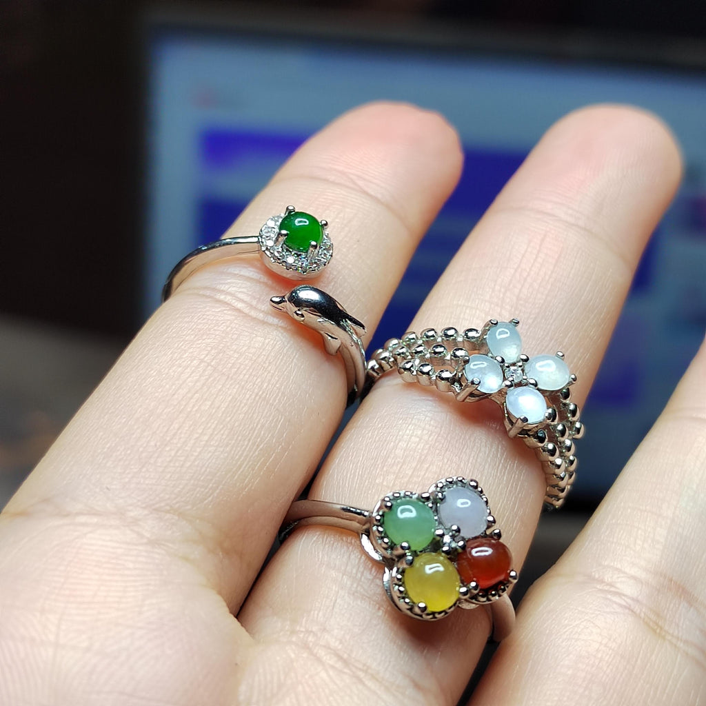 3pcs Set Natural Burmese Jadeite Rings | Four-Color Lucky Flower, Dolphin Green Jade, White Flower Design | Adjustable S925 Silver SL409