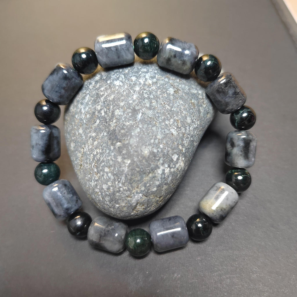 Natural Certified Burmese Cylinder Black/Grey Wuji & Round Bead Black Ink Jadeite Bracelet SL229 - SL Precious