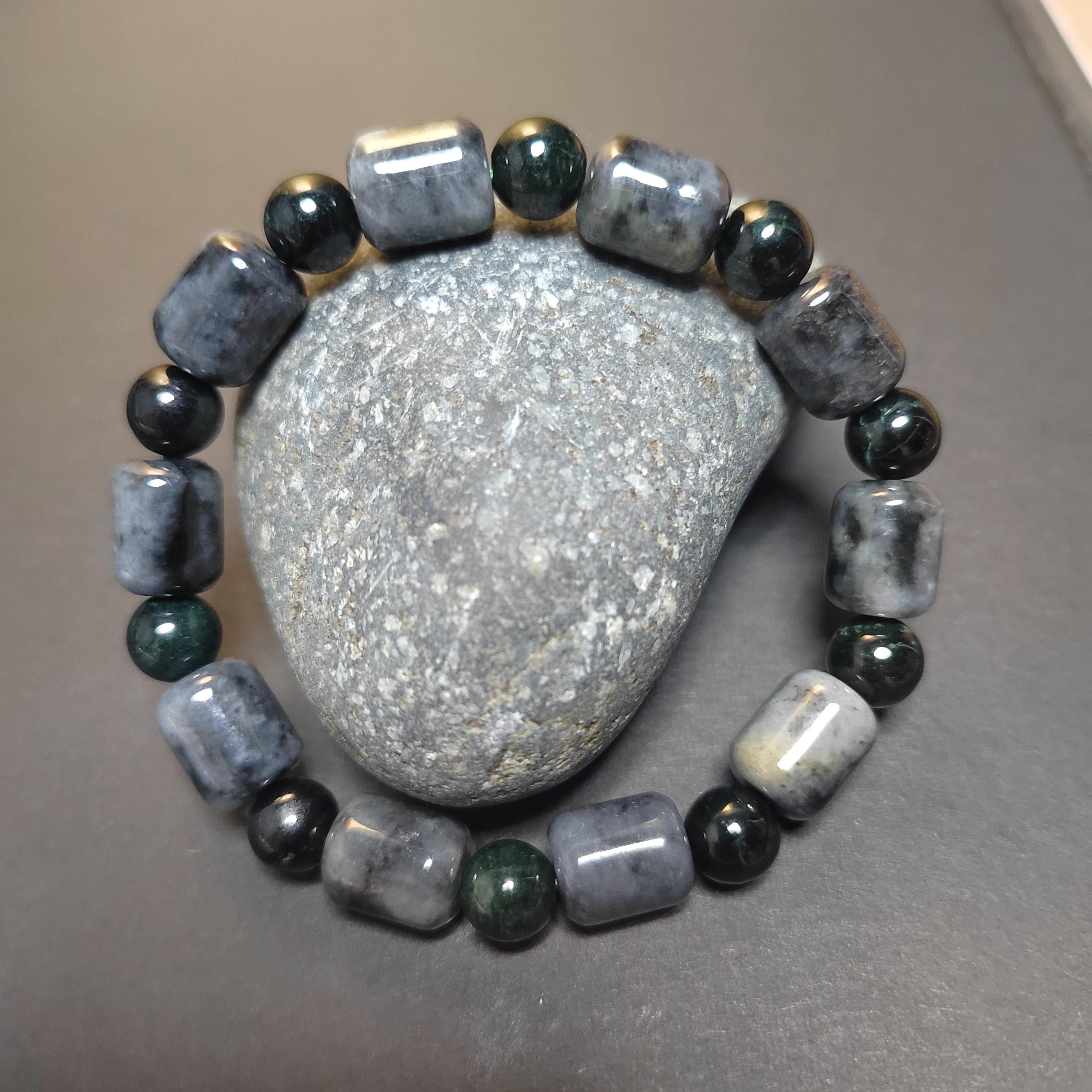 Natural Certified Burmese Cylinder Black/Grey Wuji & Round Bead Black Ink Jadeite Bracelet SL229 - SL Precious
