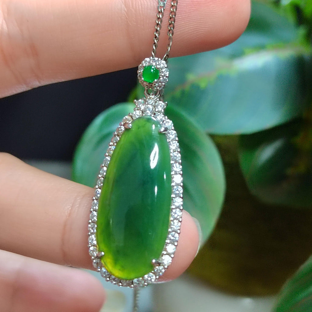 Certified Natural Burmese Apple Green Jadeite Teardrop Necklace | 18K White Gold SL063 - SL Precious