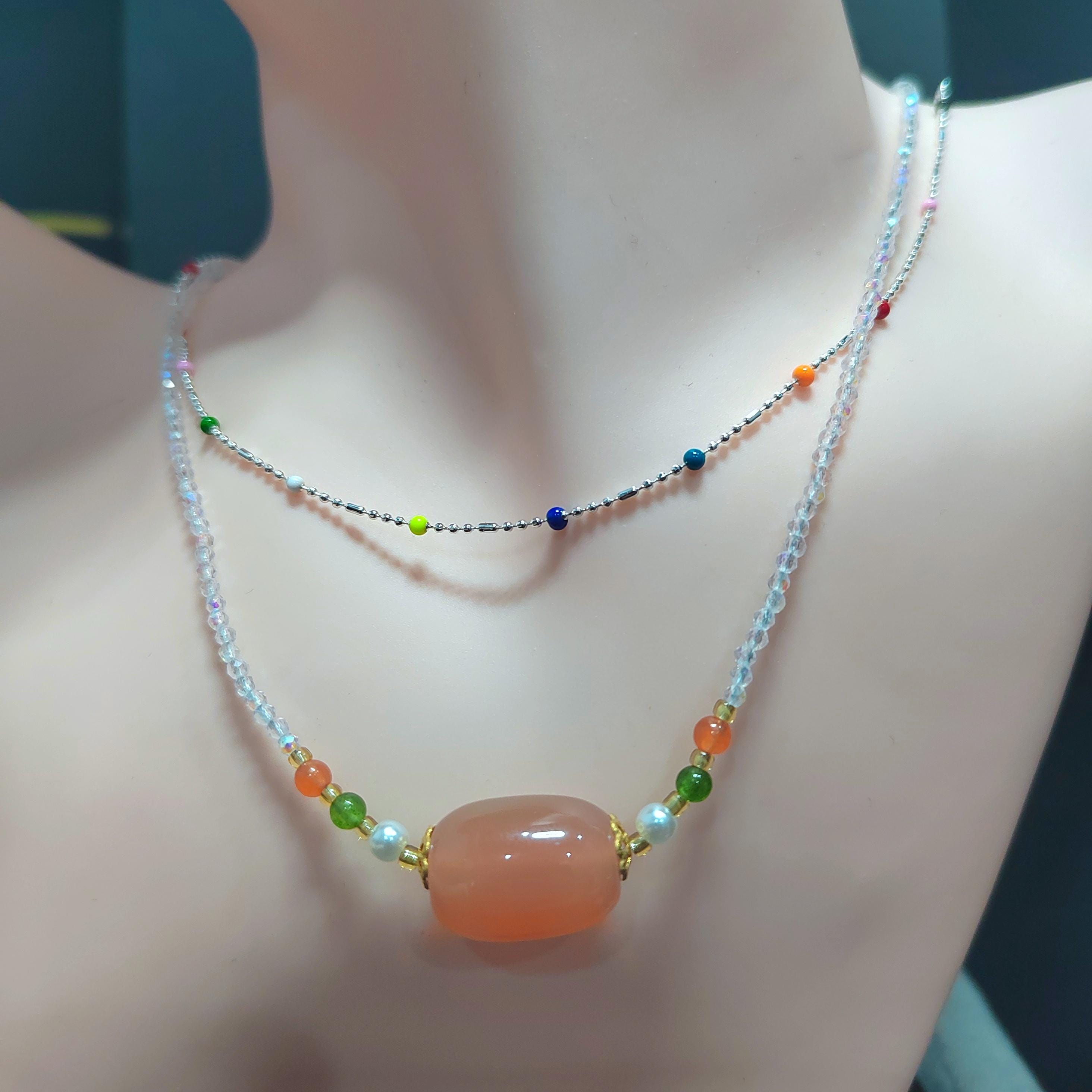 2pcs Set Natural Yanyuan Agate Clean Quartz Bead Necklaces & S9999 Pure Silver Colorful Beads Design SL299